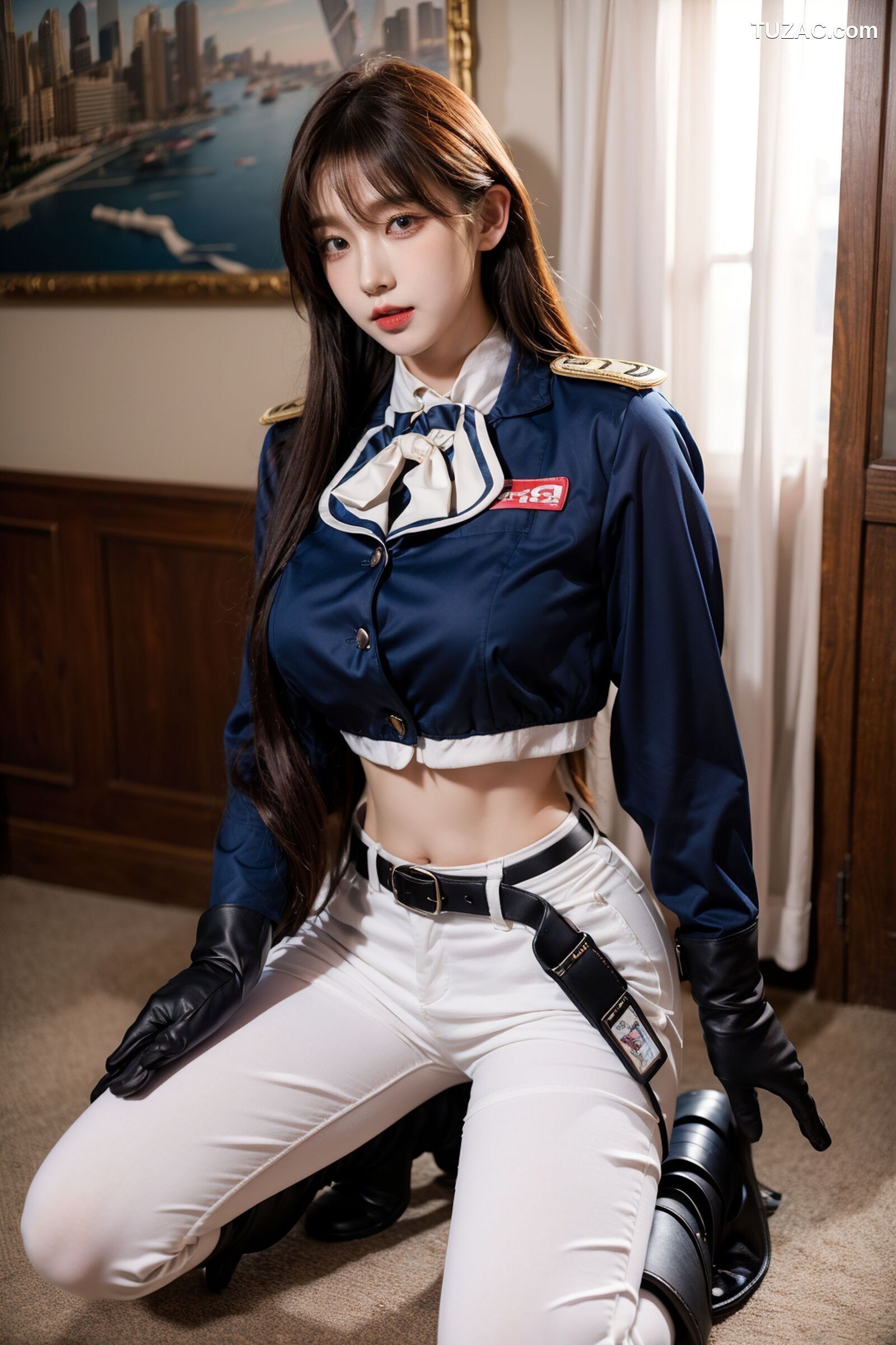 AI美女-拟实-女军官深蓝制服