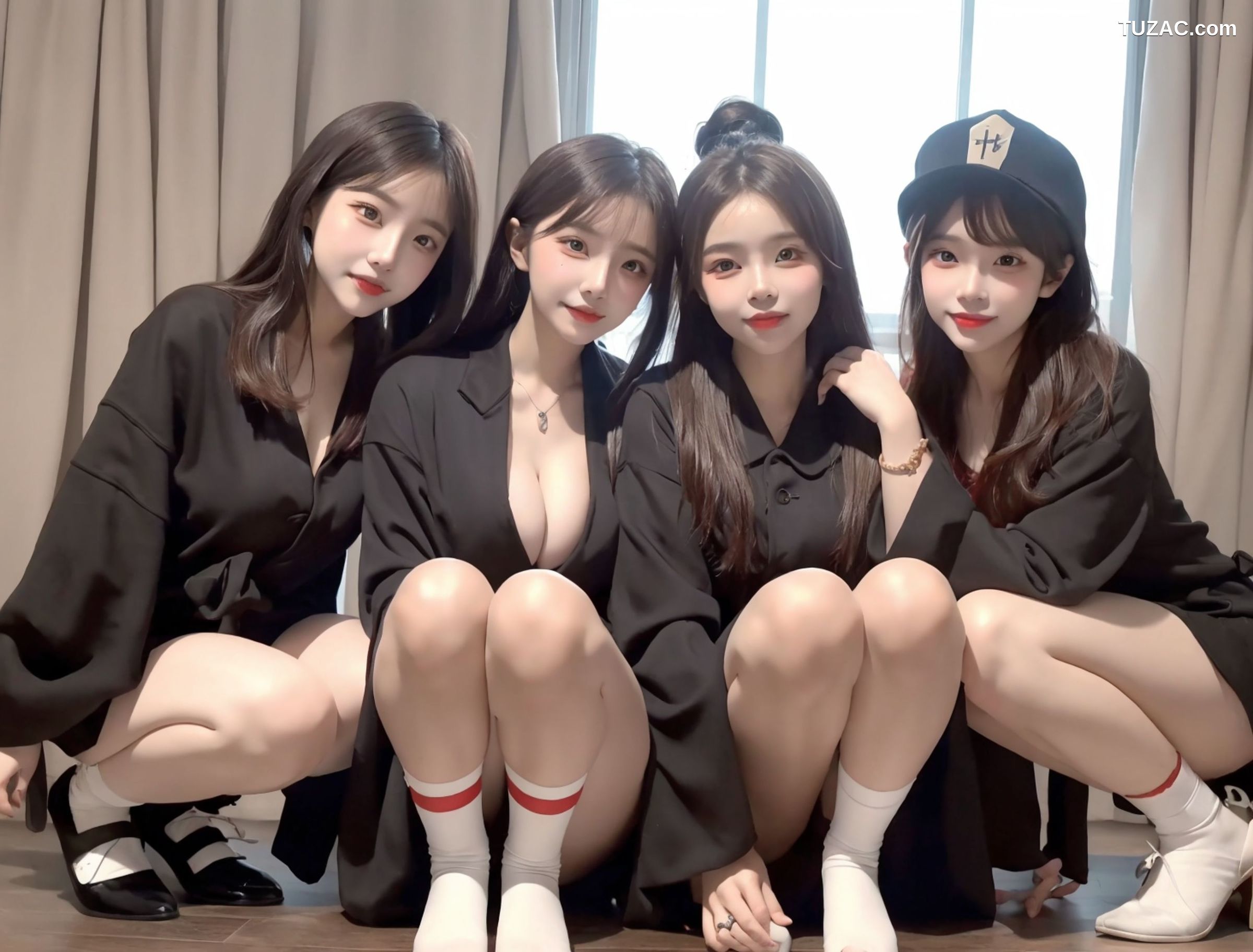 AI美女-拟实-姐妹花黑袍人群中露出