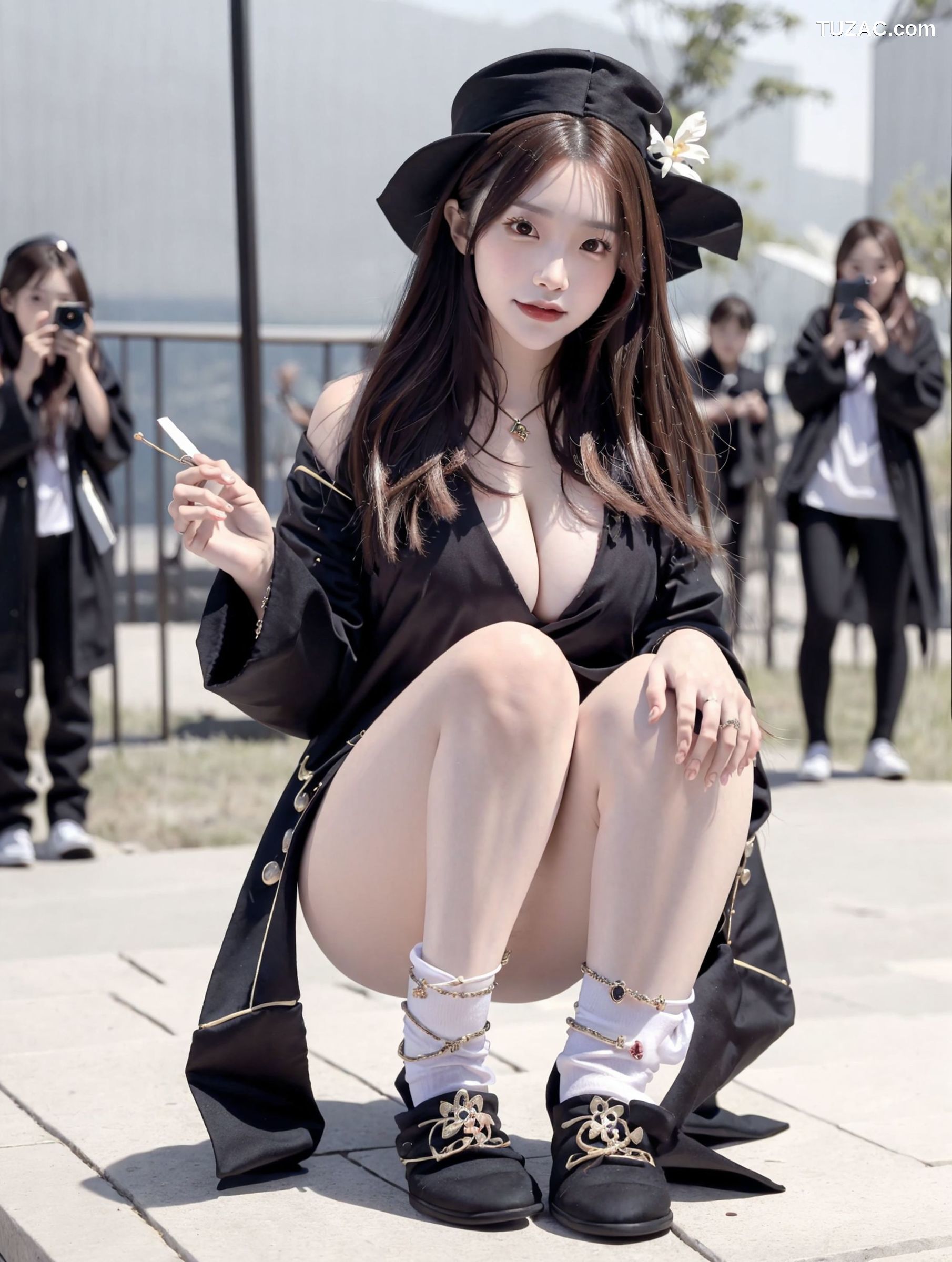 AI美女-拟实-姐妹花黑袍人群中露出