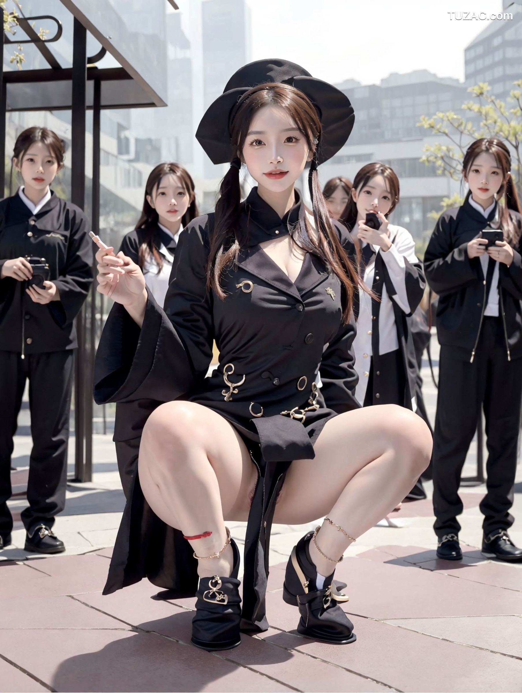 AI美女-拟实-姐妹花黑袍人群中露出