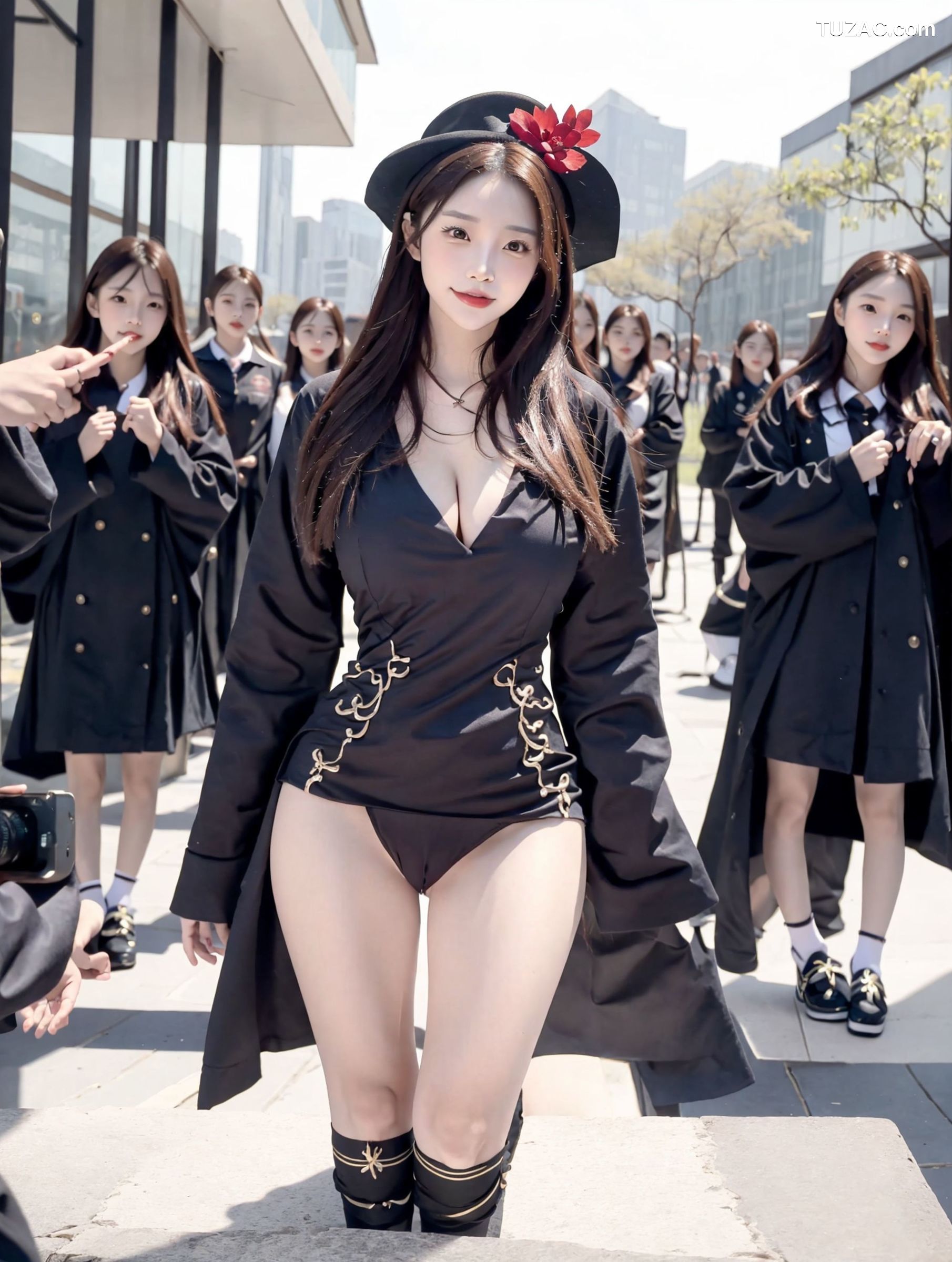 AI美女-拟实-姐妹花黑袍人群中露出