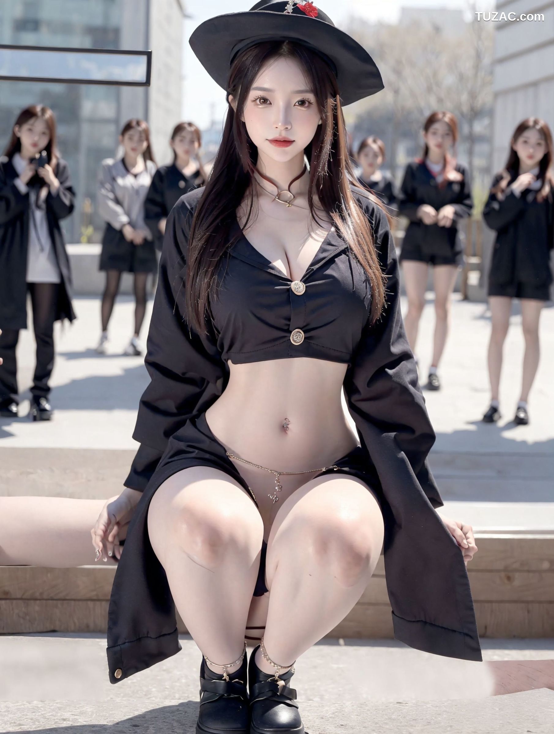 AI美女-拟实-姐妹花黑袍人群中露出