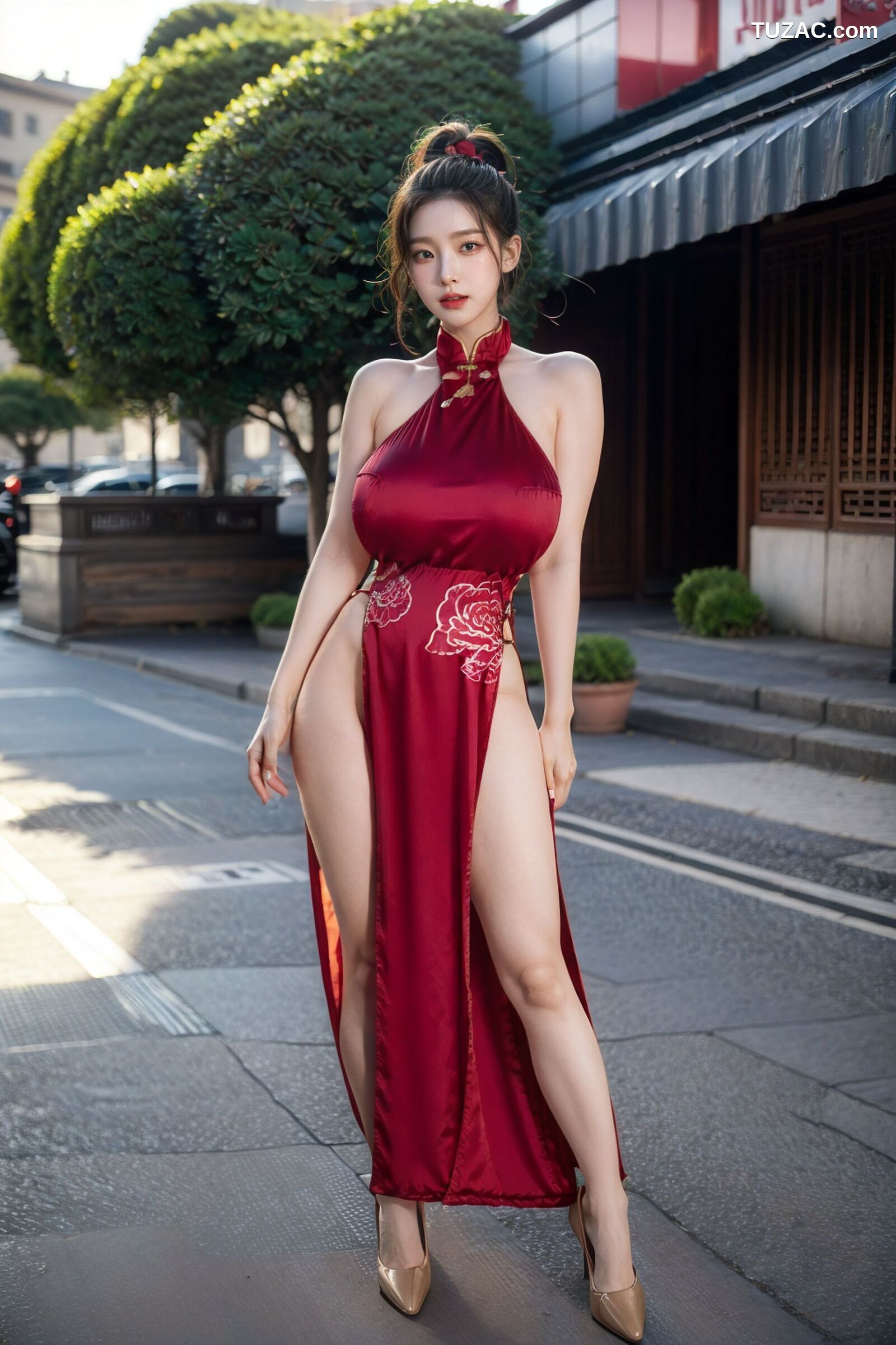 AI美女-拟实-情趣古风露背旗袍-红色版