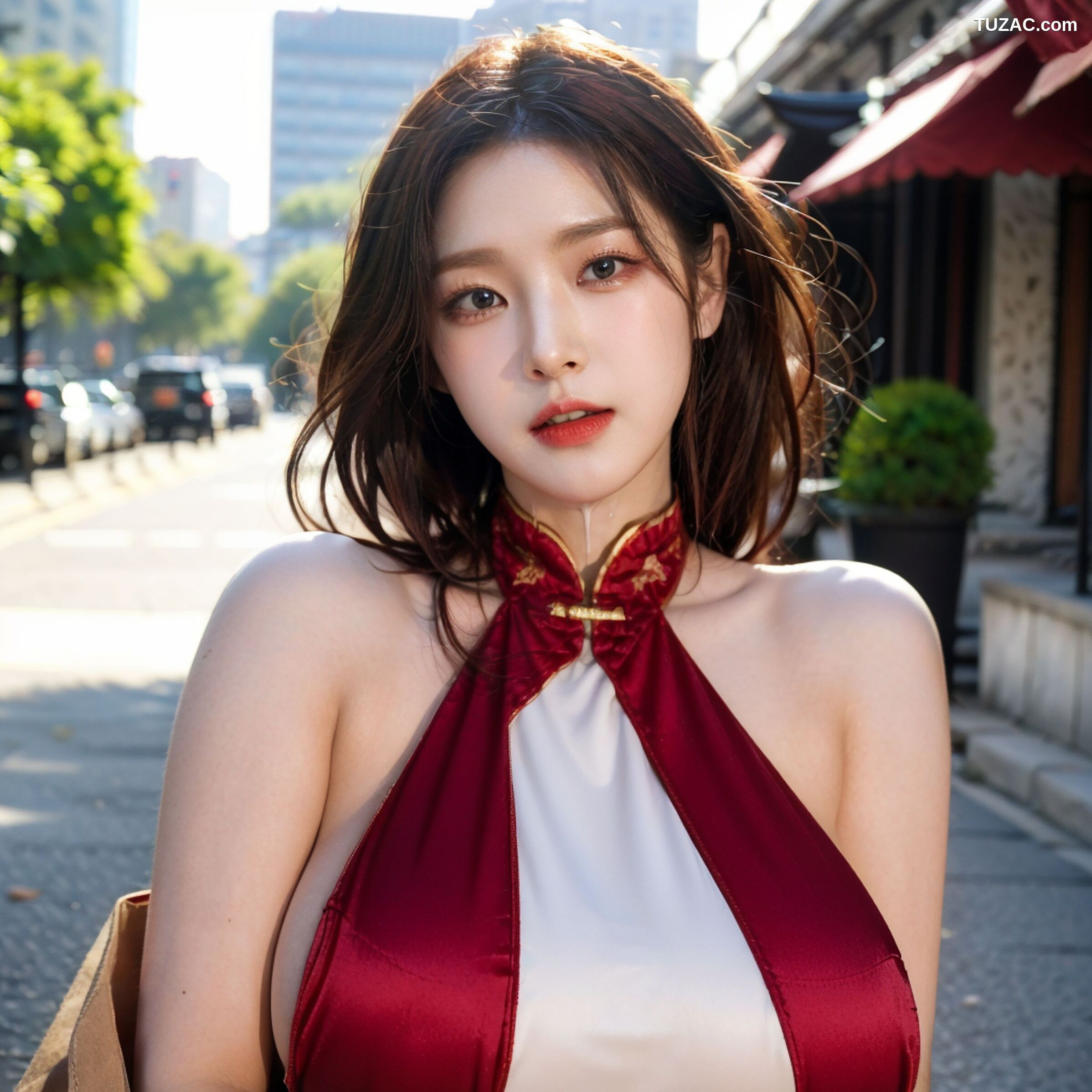 AI美女-拟实-情趣古风露背旗袍-红色版