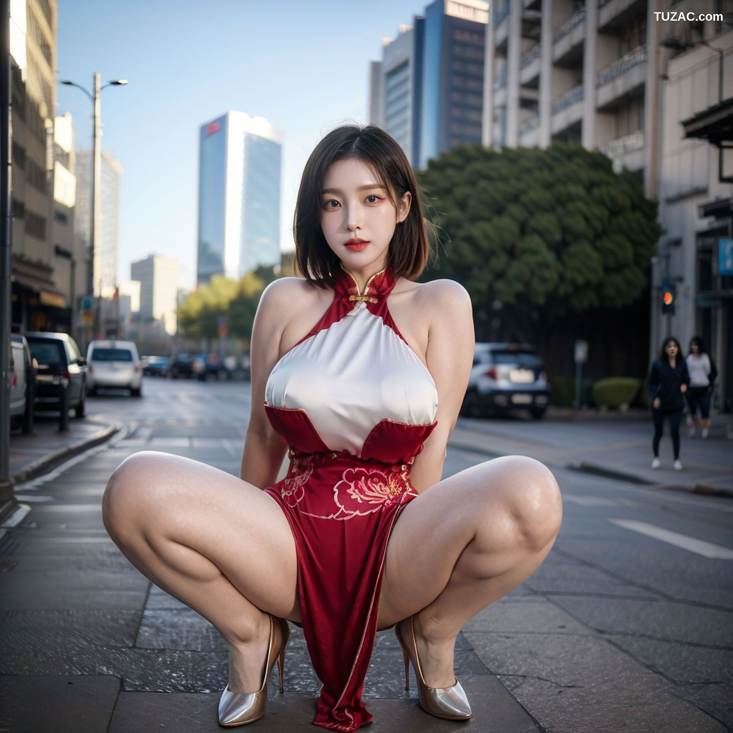 AI美女-拟实-情趣古风露背旗袍-红色版