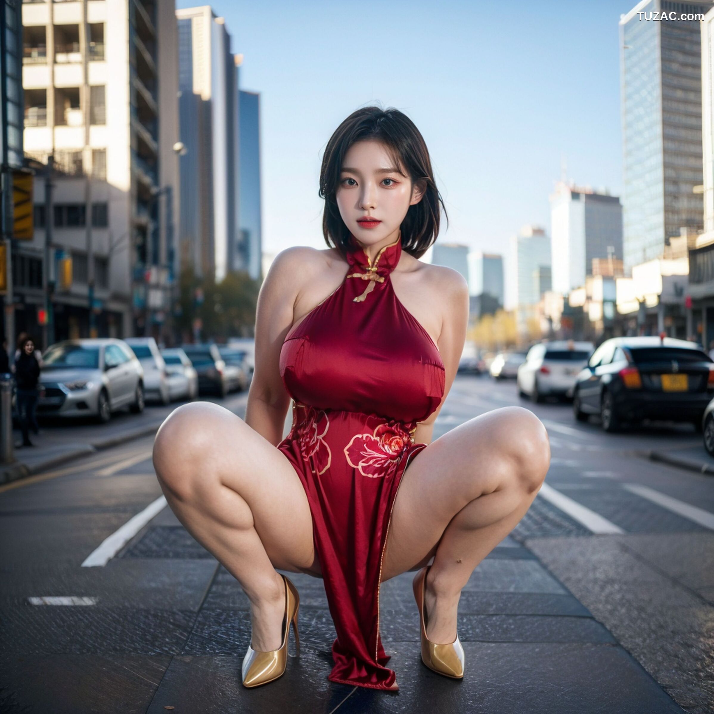 AI美女-拟实-情趣古风露背旗袍-红色版