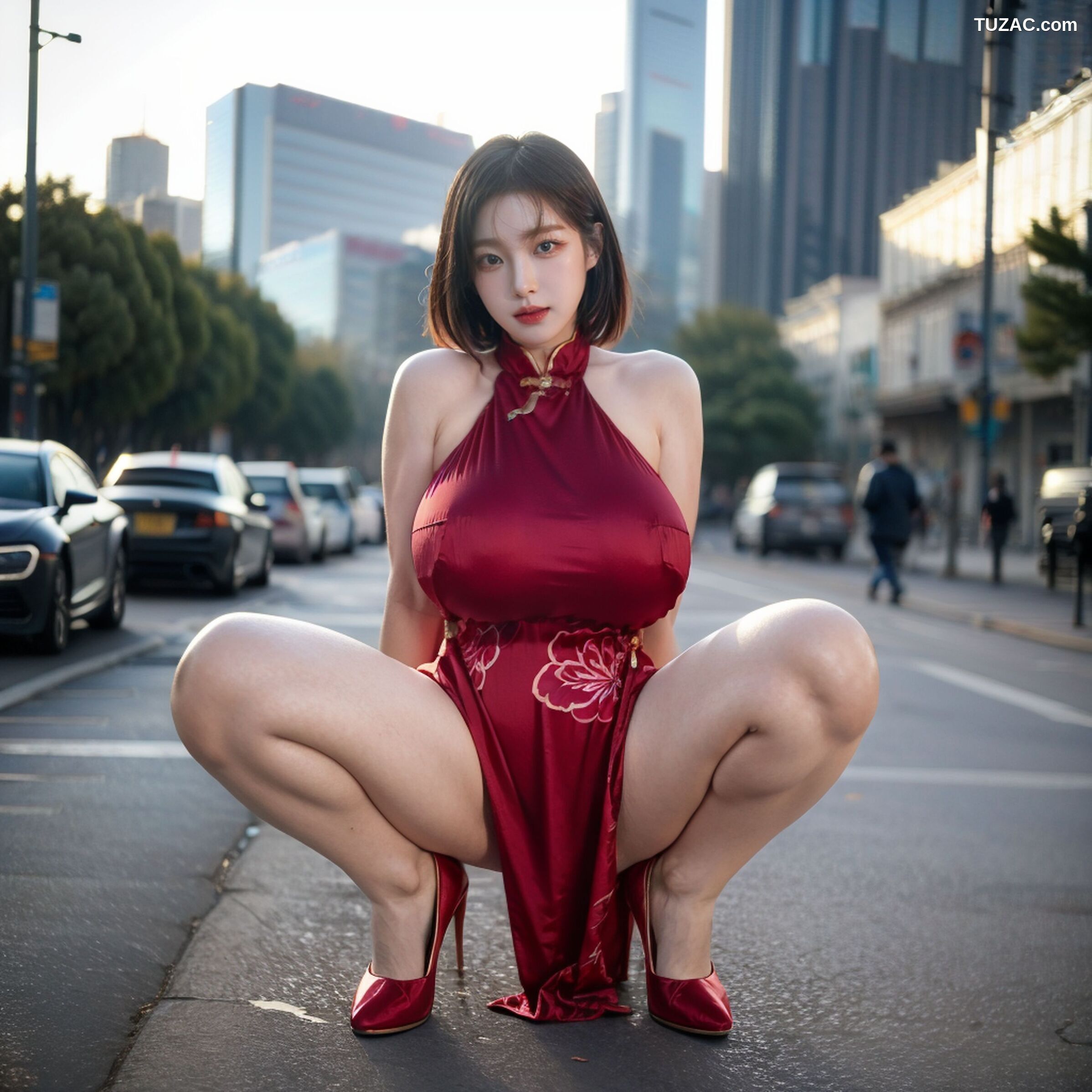 AI美女-拟实-情趣古风露背旗袍-红色版