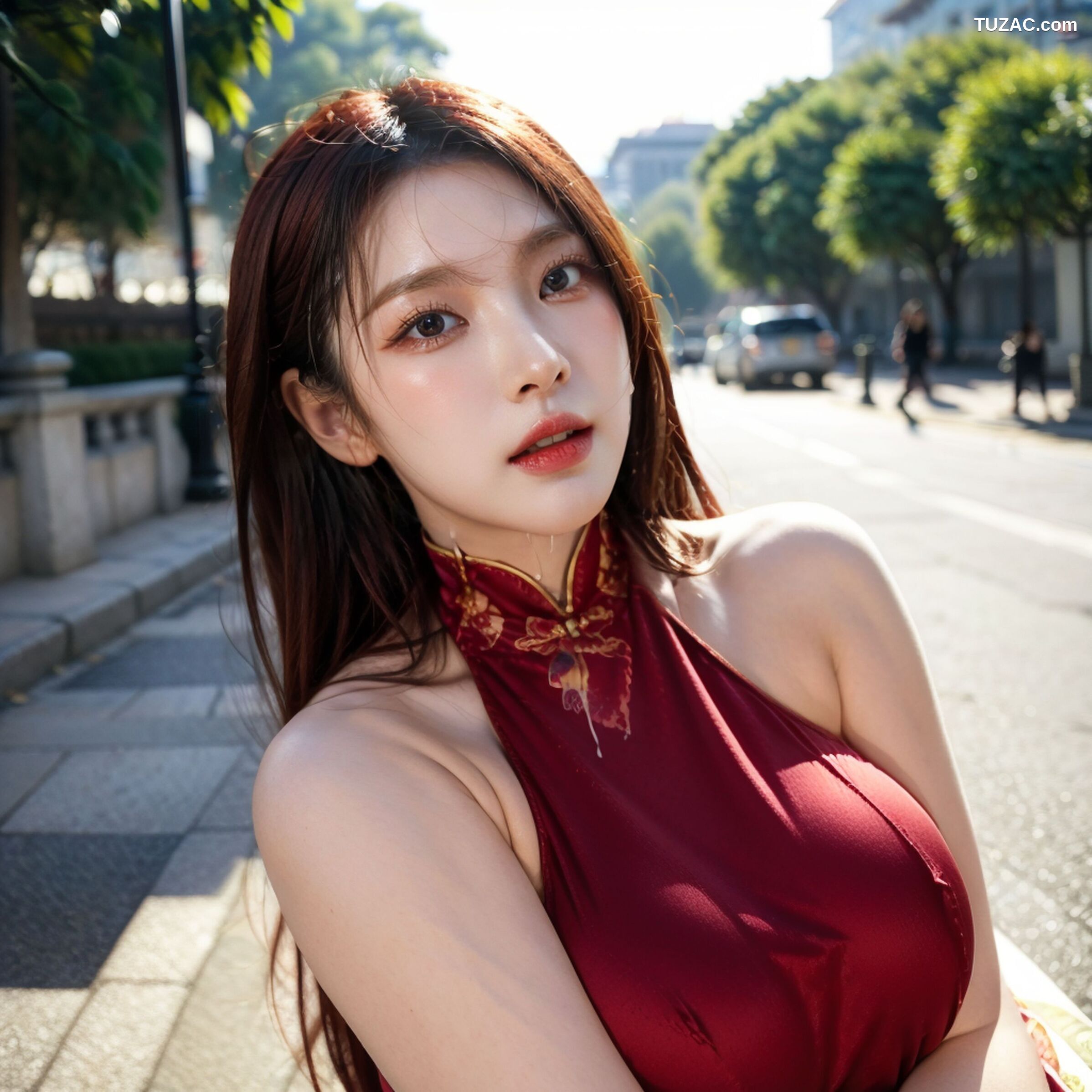 AI美女-拟实-情趣古风露背旗袍-红色长发版