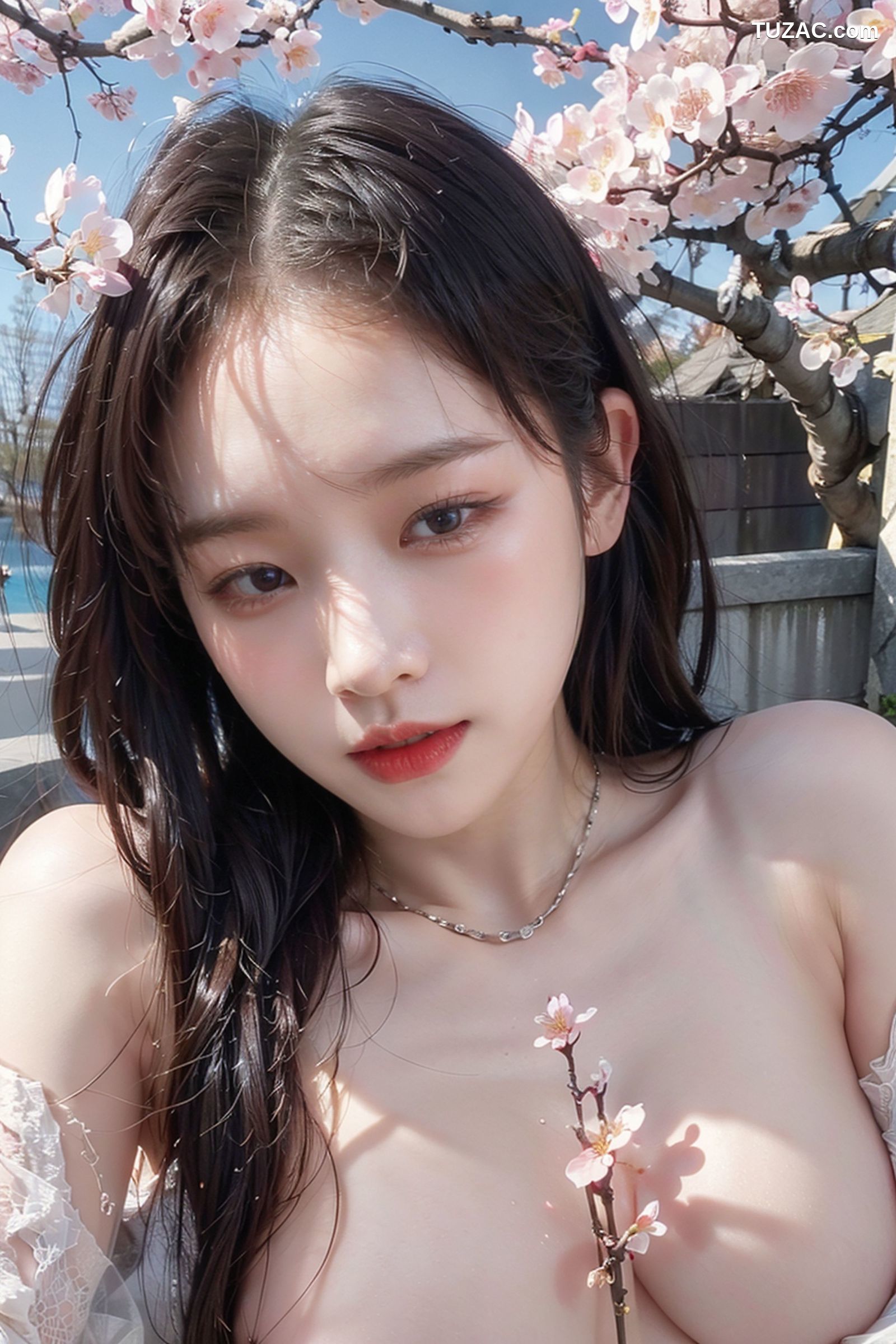 AI美女-拟实-户外樱花树下的美丽裸体