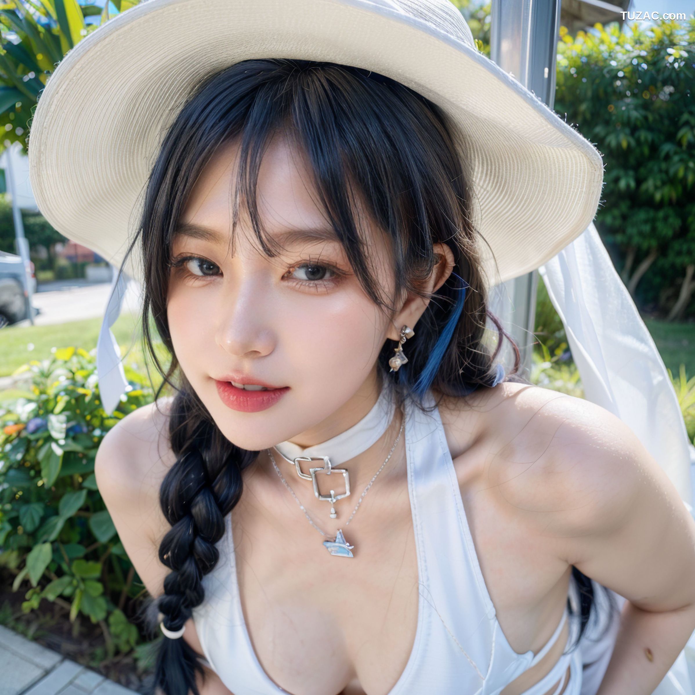 AI美女-拟实-户外阳光夏日-戴白色遮阳帽的女孩