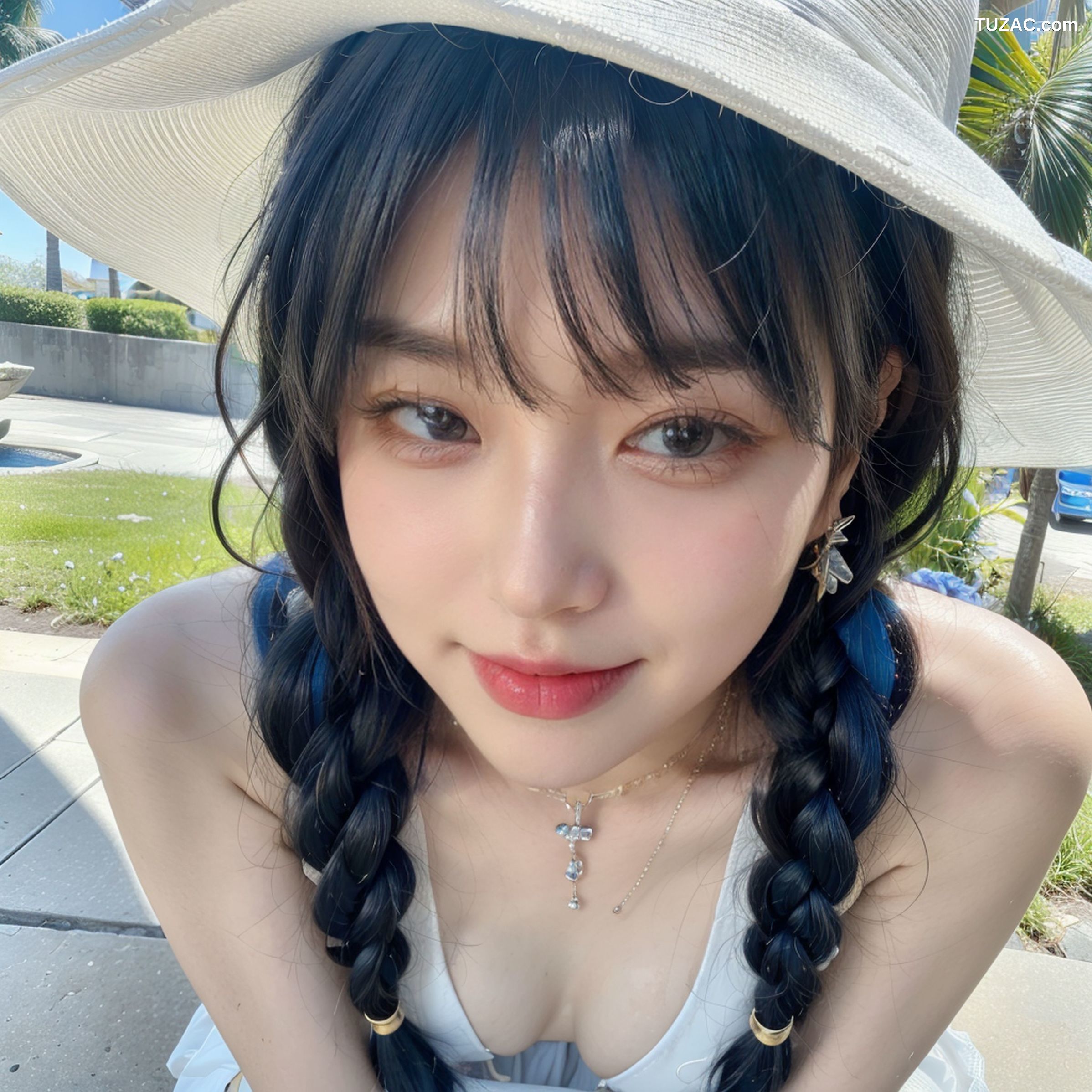 AI美女-拟实-户外阳光夏日-戴白色遮阳帽的女孩