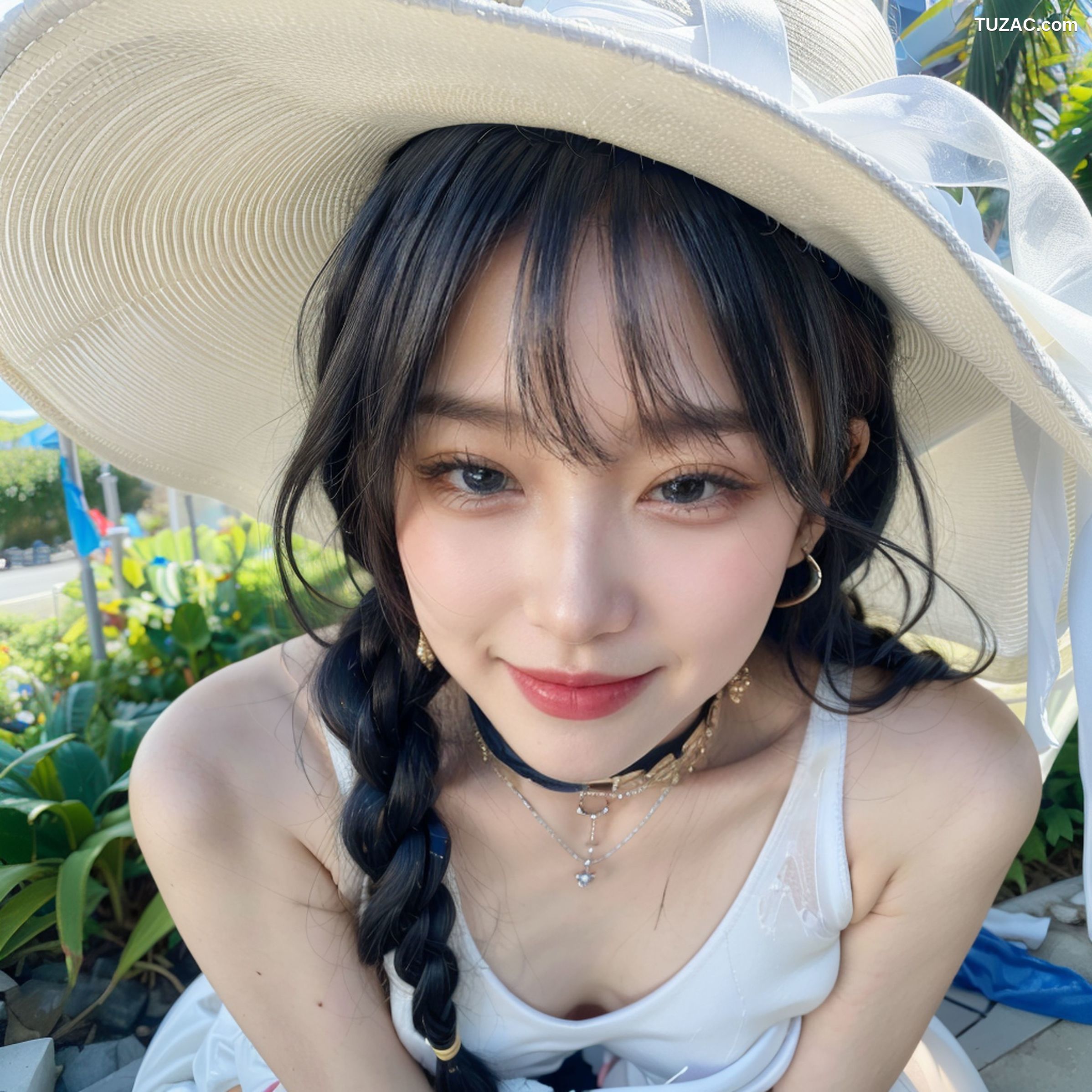 AI美女-拟实-户外阳光夏日-戴白色遮阳帽的女孩