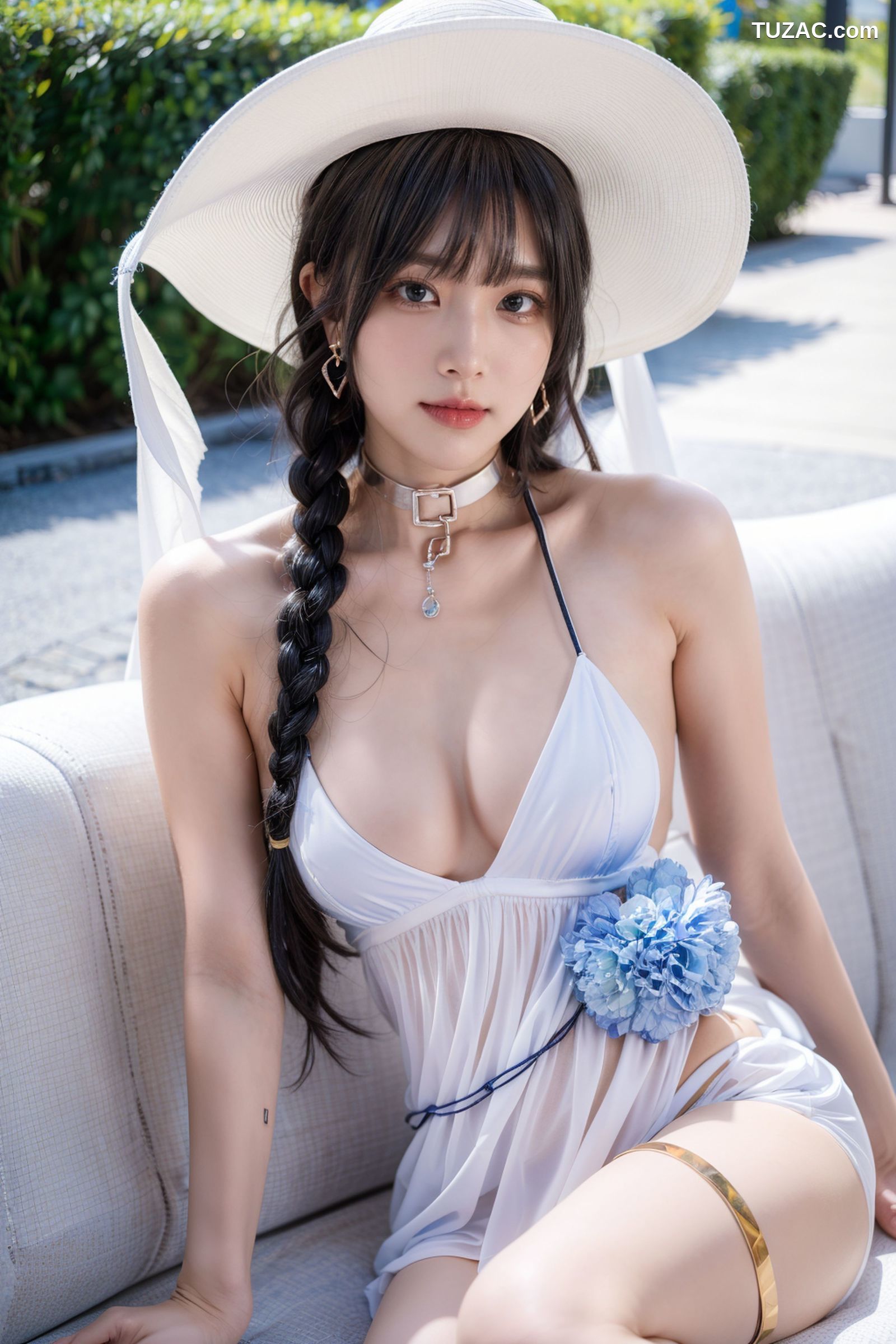 AI美女-拟实-户外阳光夏日-戴白色遮阳帽的女孩