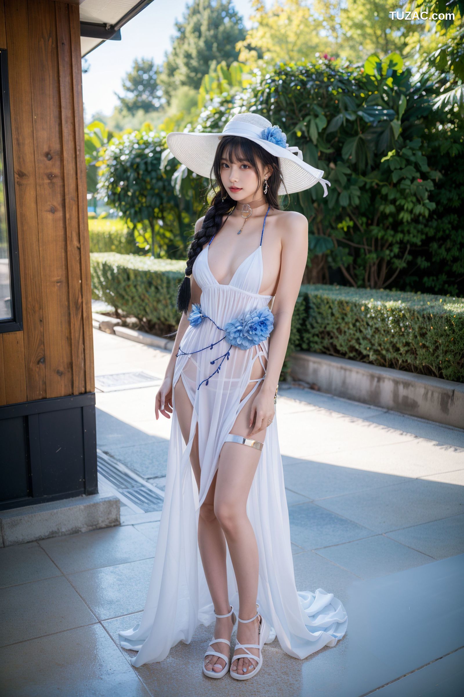 AI美女-拟实-户外阳光夏日-戴白色遮阳帽的女孩