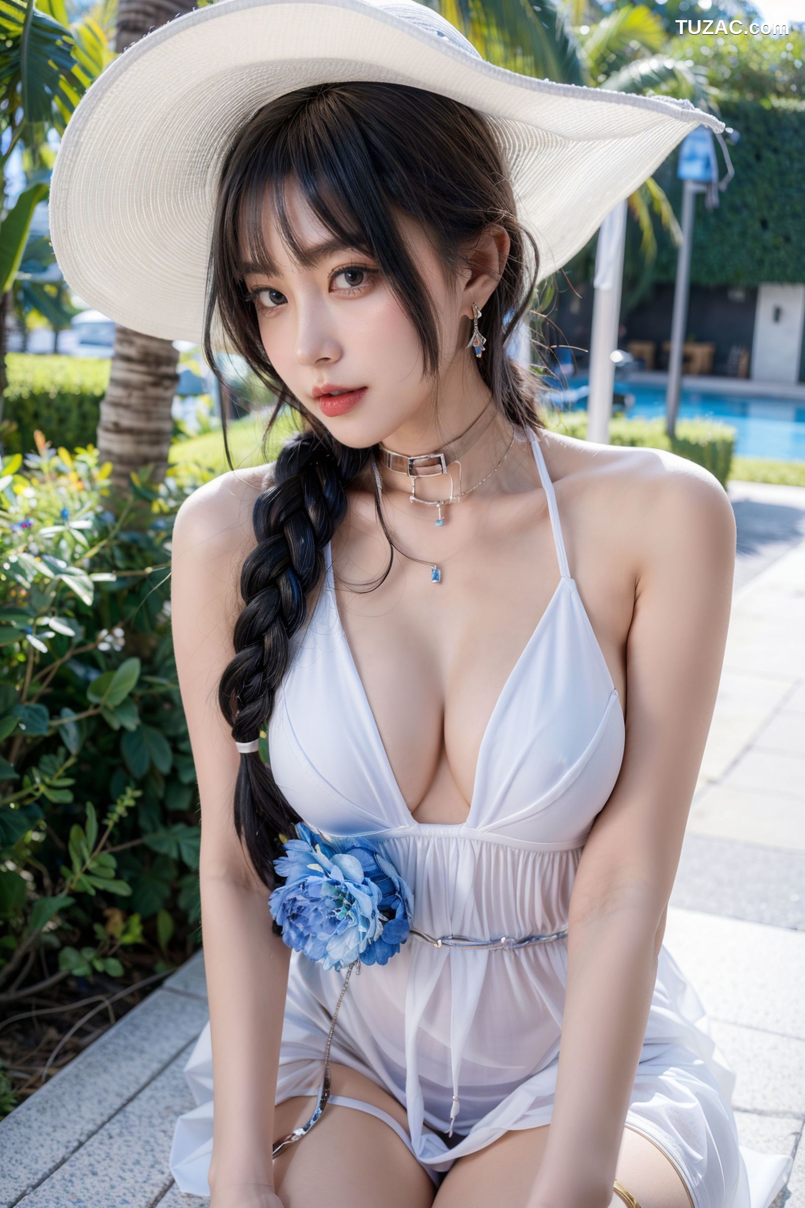 AI美女-拟实-户外阳光夏日-戴白色遮阳帽的女孩