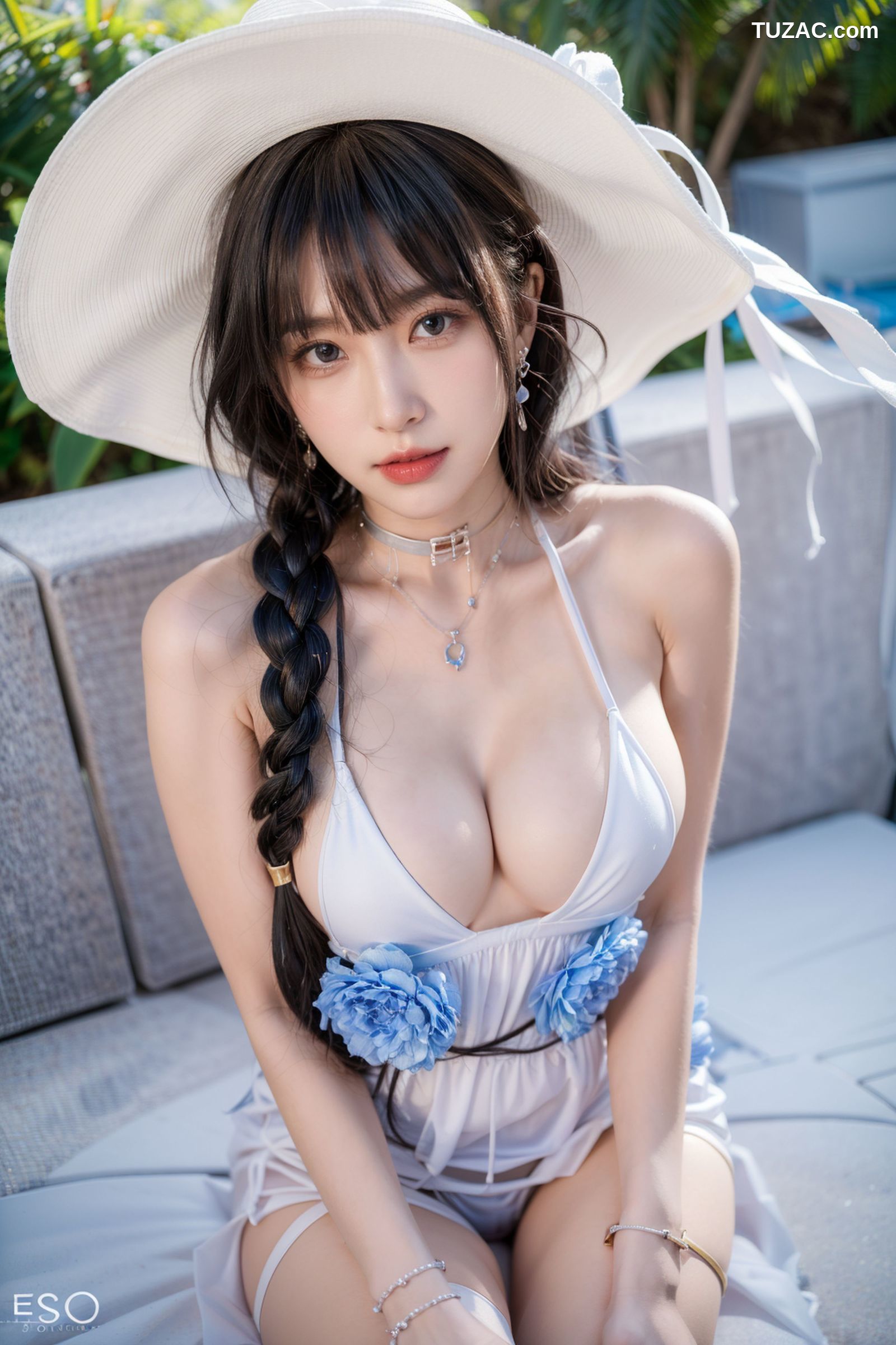 AI美女-拟实-户外阳光夏日-戴白色遮阳帽的女孩