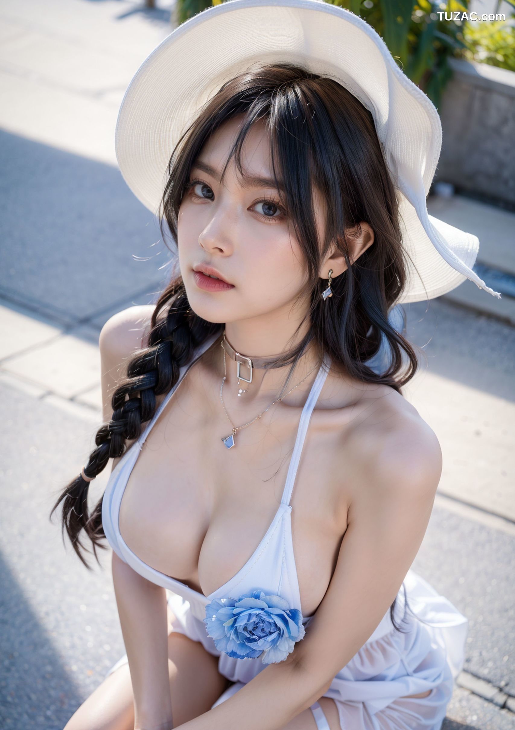 AI美女-拟实-户外阳光夏日-戴白色遮阳帽的女孩