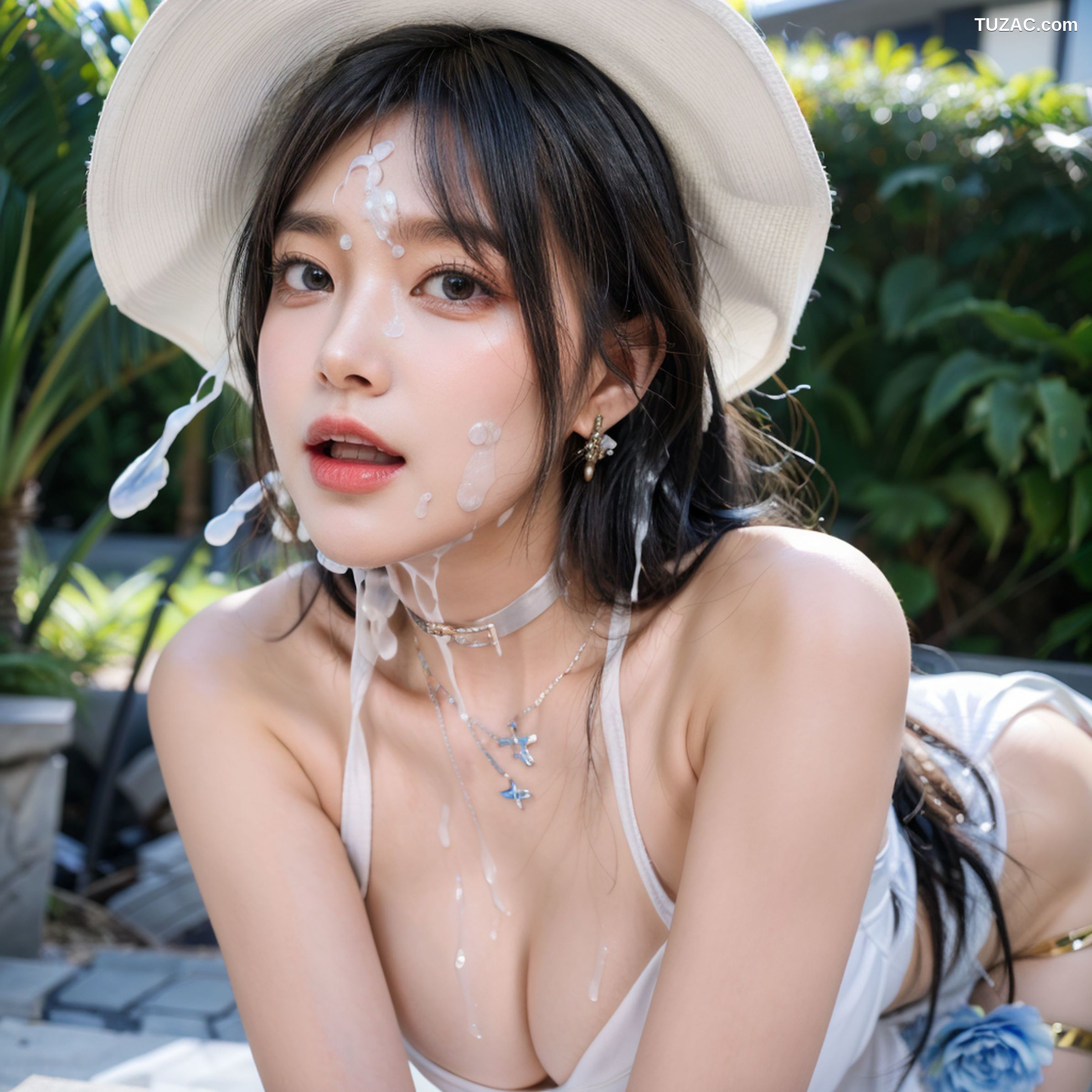 AI美女-拟实-户外阳光夏日-戴白色遮阳帽的女孩