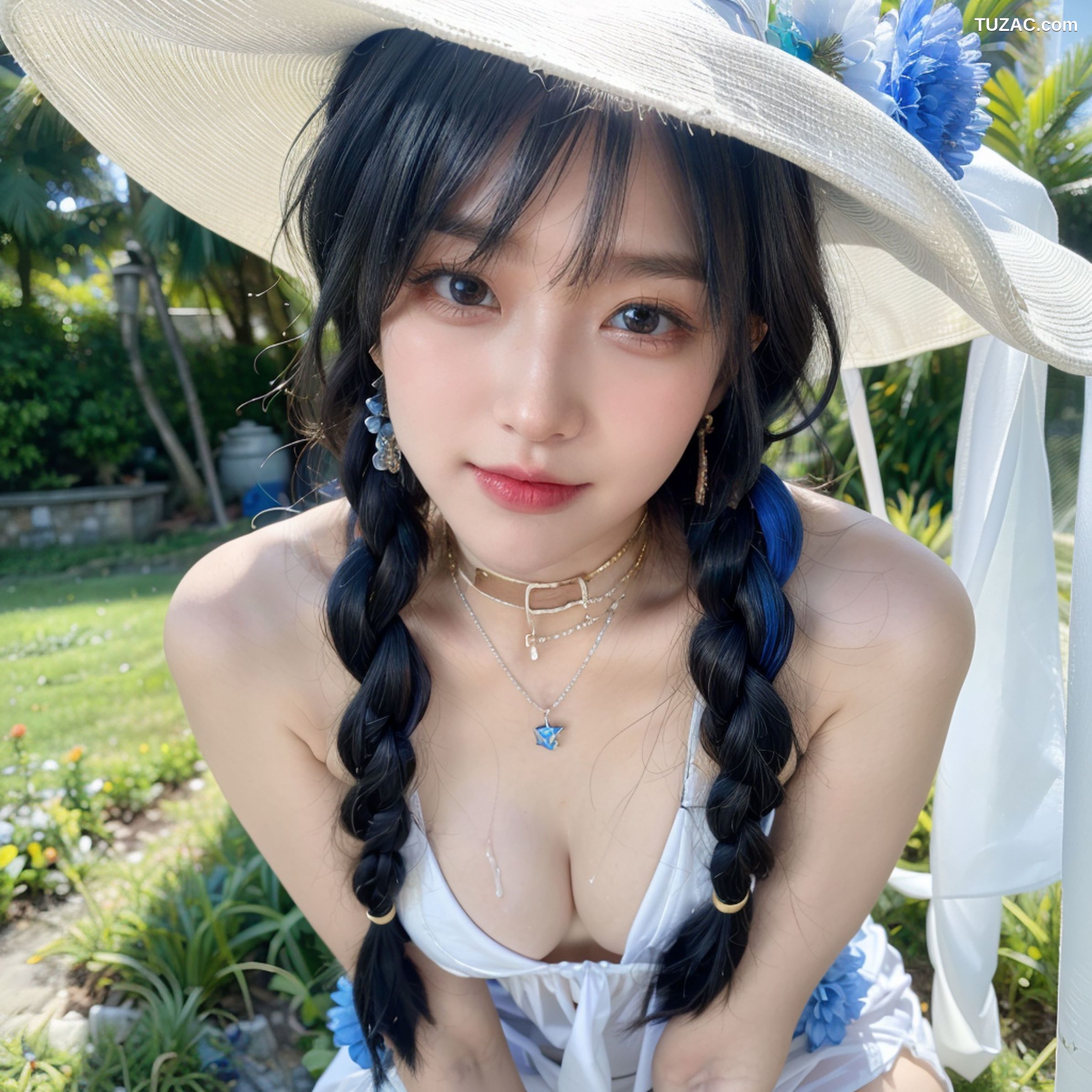 AI美女-拟实-户外阳光夏日-戴白色遮阳帽的女孩