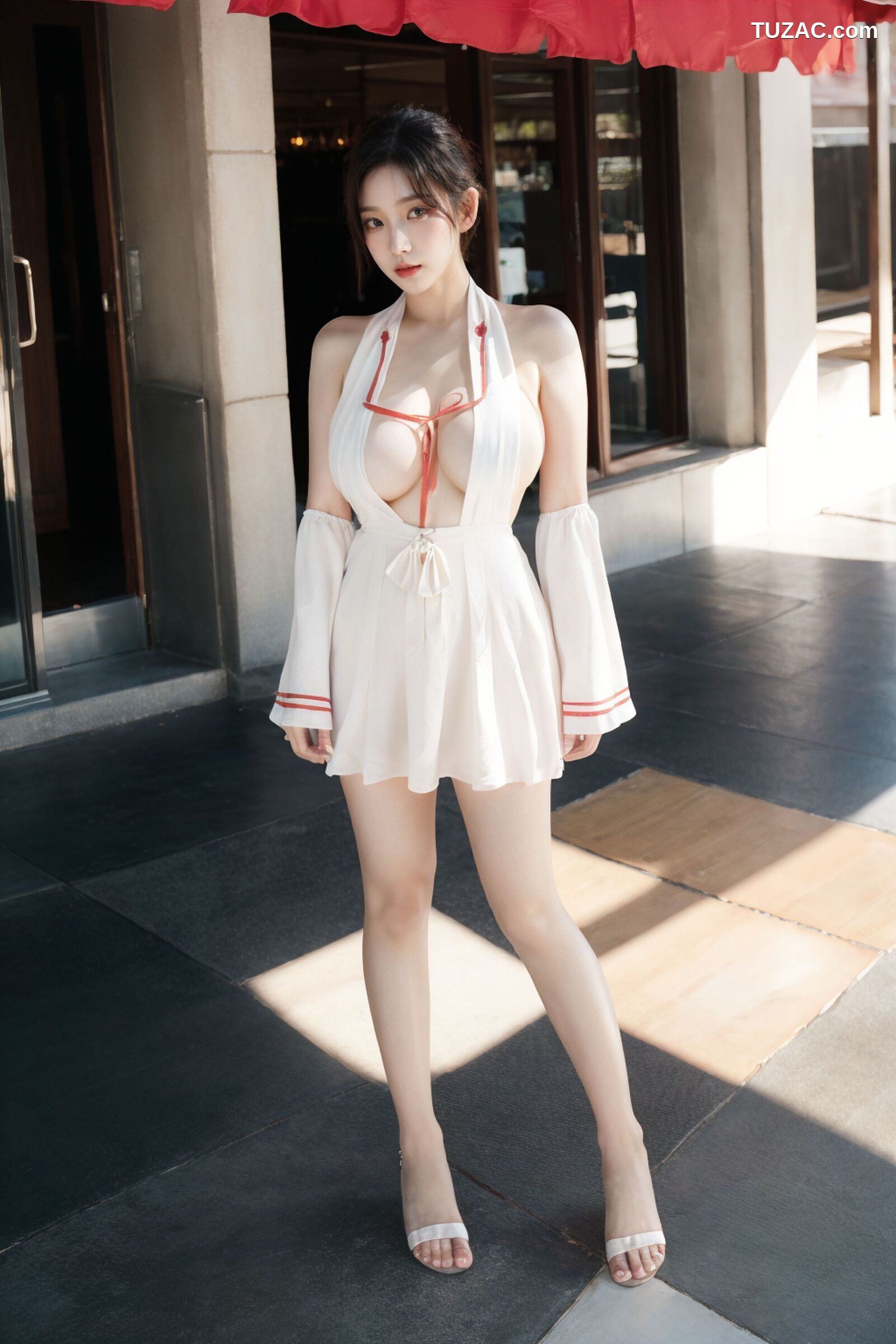AI美女-拟实-挂脖白衣红纱裙