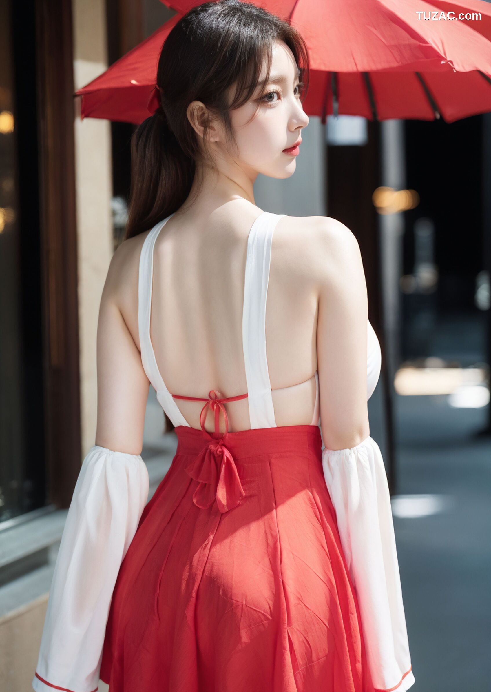 AI美女-拟实-挂脖白衣红纱裙