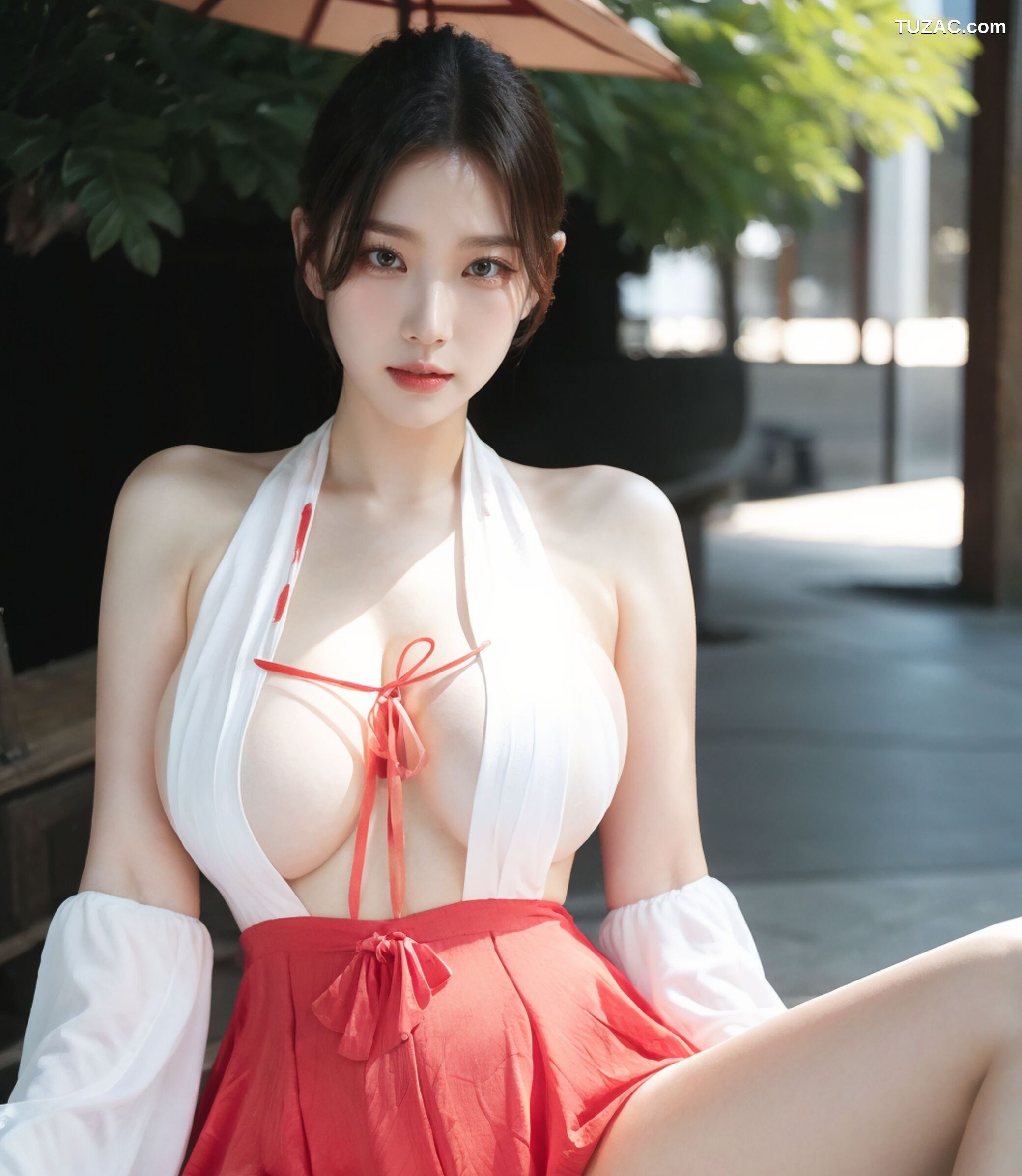 AI美女-拟实-挂脖白衣红纱裙