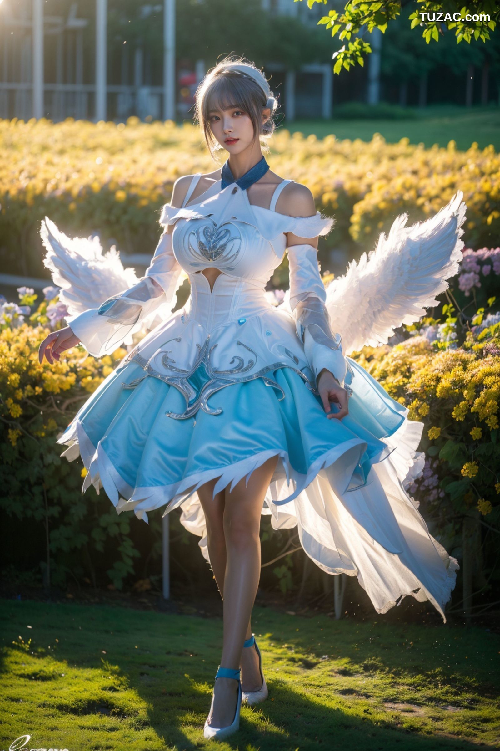 AI美女-拟实-挥着翅膀的天使-公园户外