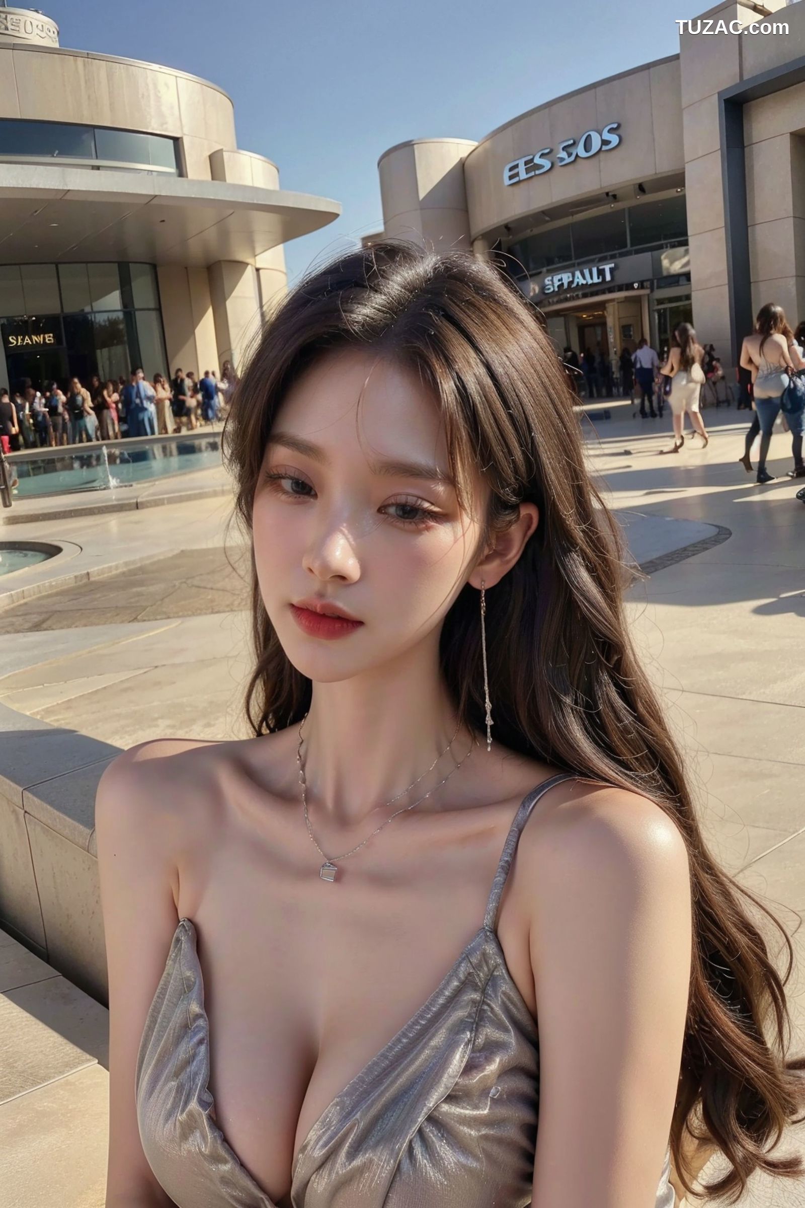 AI美女-拟实-暗金色连衣短裙商场露出