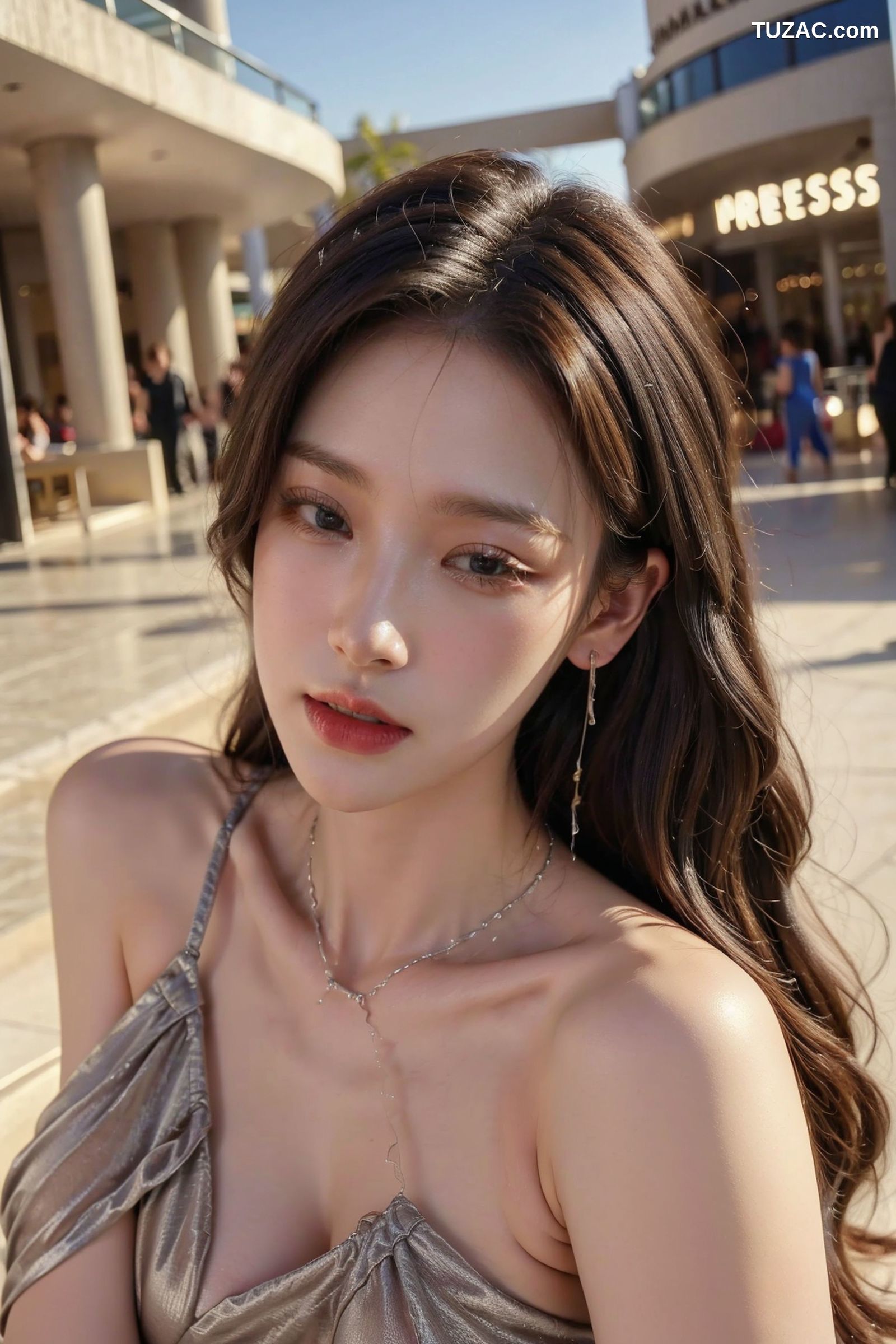 AI美女-拟实-暗金色连衣短裙商场露出