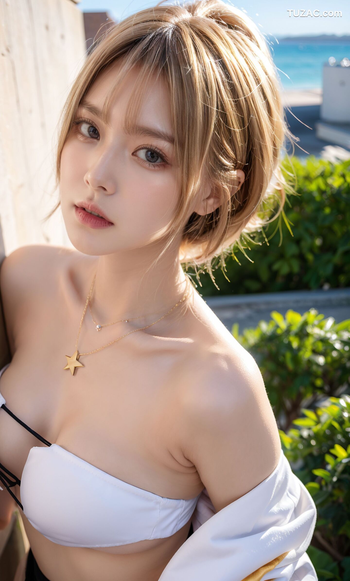 AI美女-拟实-桔色外套白色超小比基尼金色短发美女