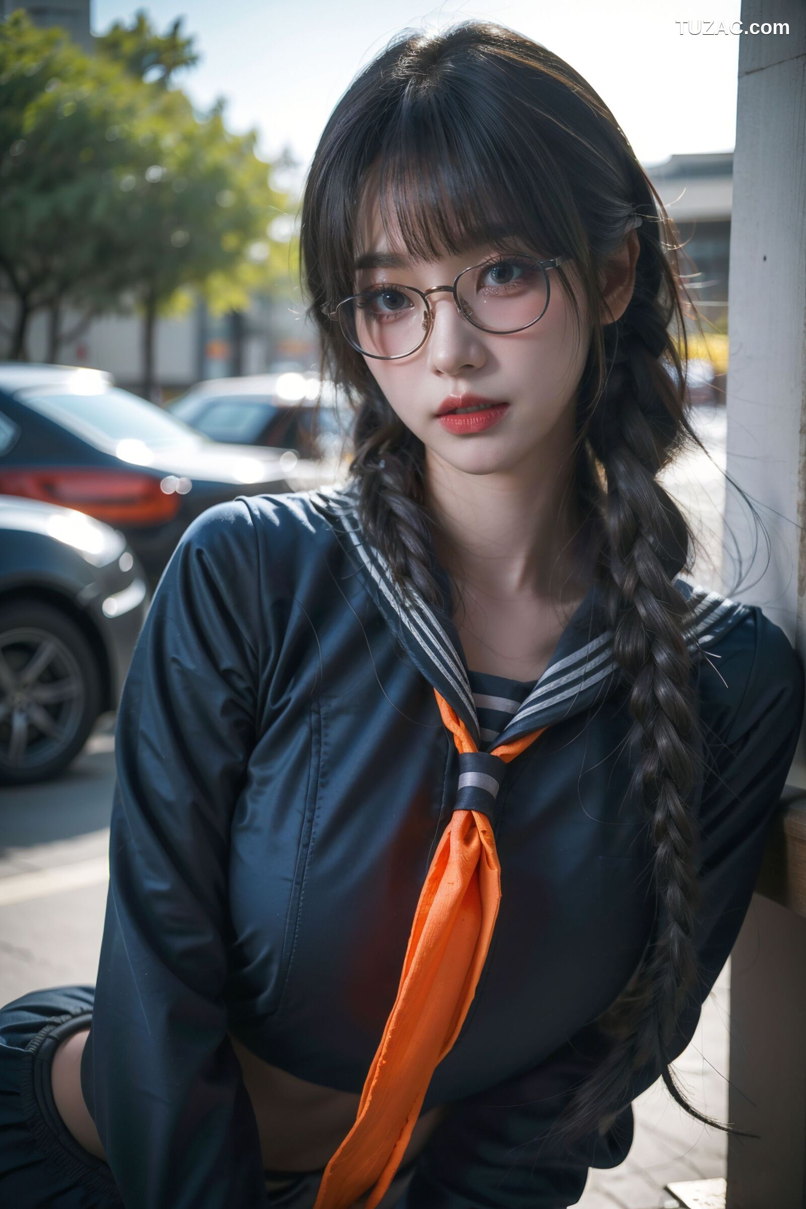 AI美女-拟实-桔色领巾JK女生