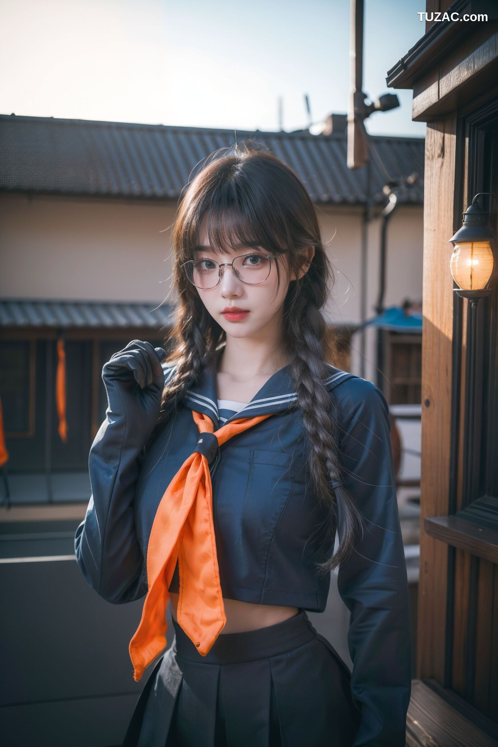 AI美女-拟实-桔色领巾JK女生