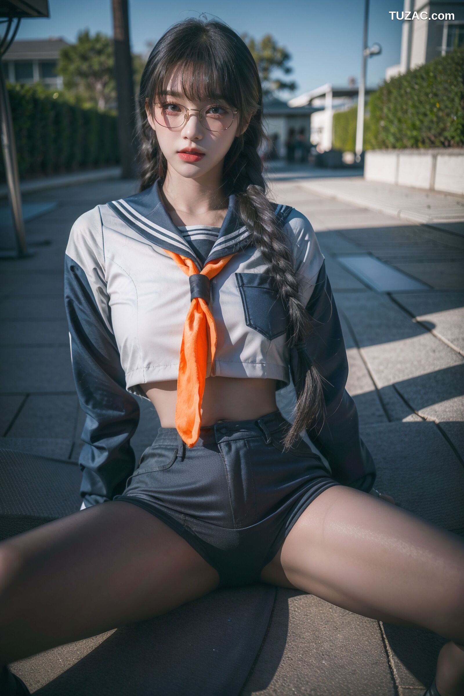 AI美女-拟实-桔色领巾JK女生