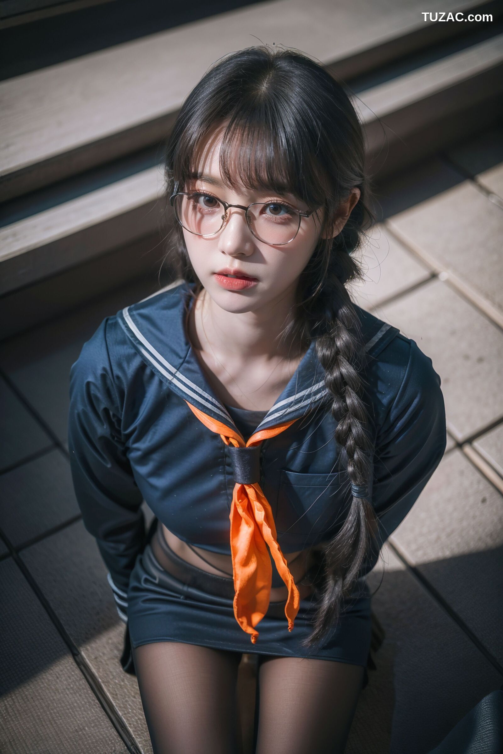 AI美女-拟实-桔色领巾JK女生