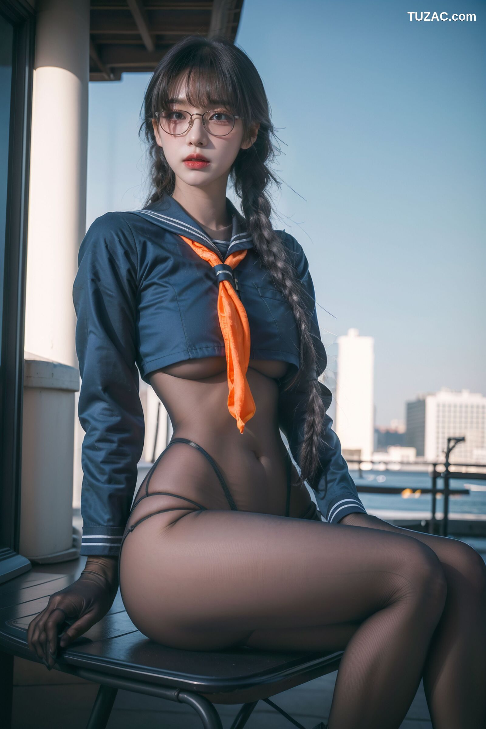 AI美女-拟实-桔色领巾JK女生