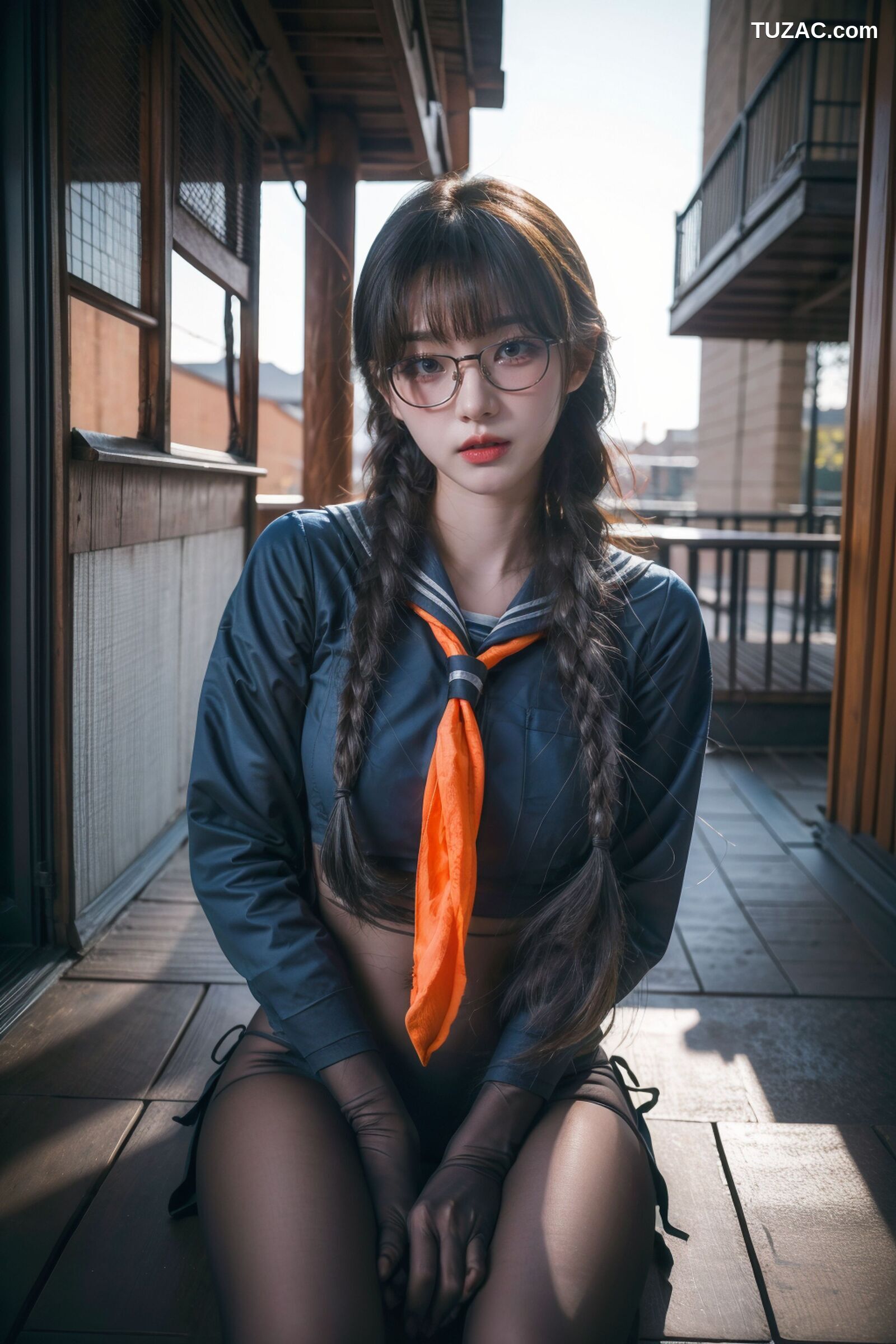 AI美女-拟实-桔色领巾JK女生