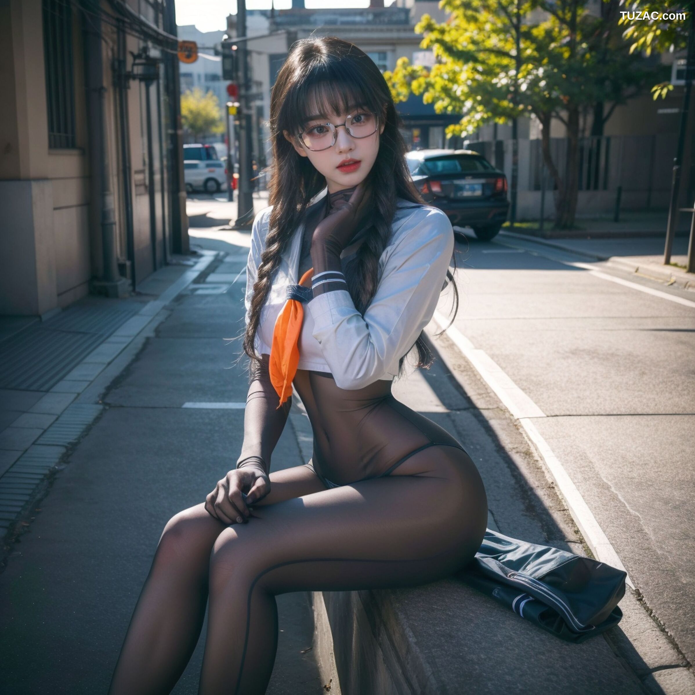 AI美女-拟实-桔色领巾JK女生