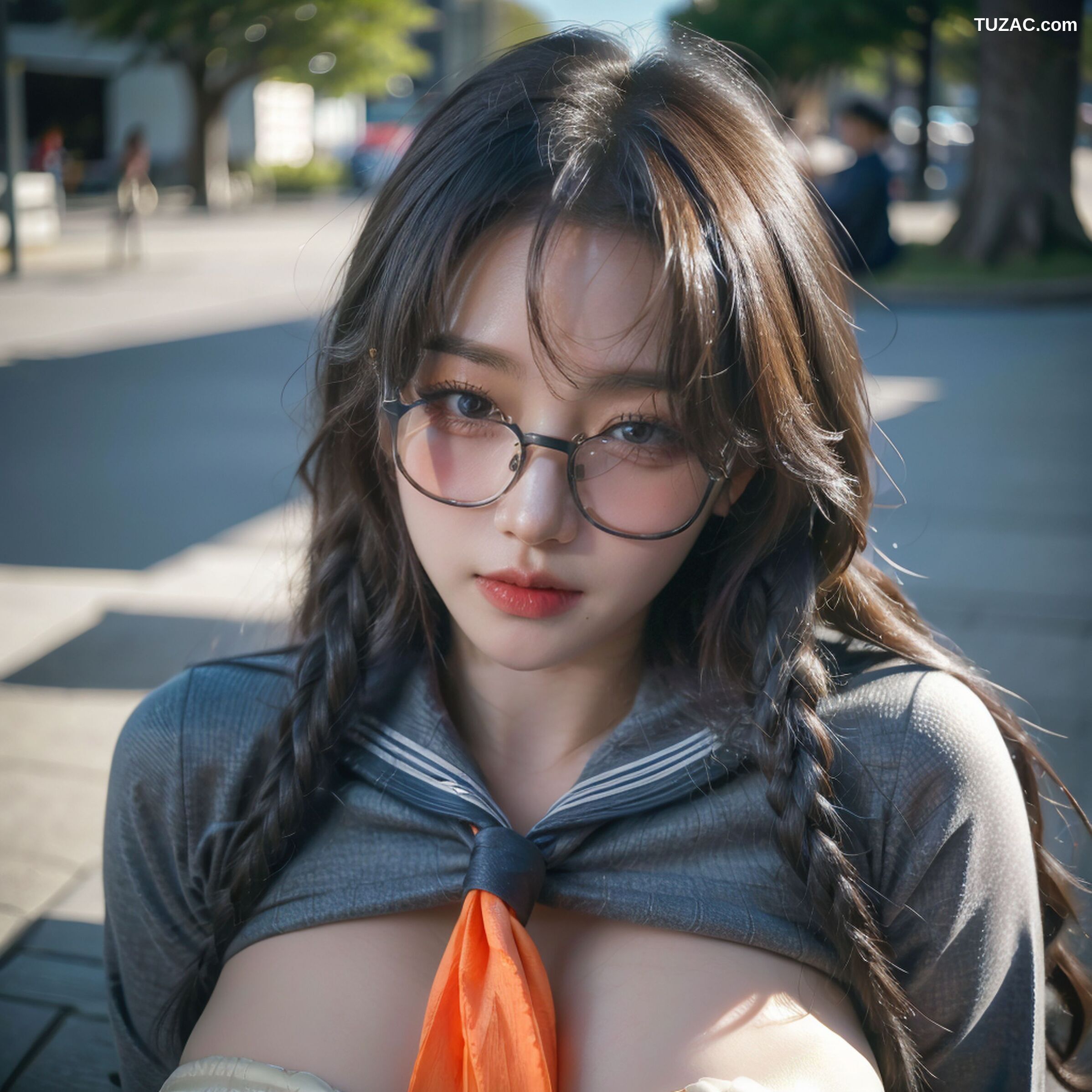 AI美女-拟实-桔色领巾JK女生