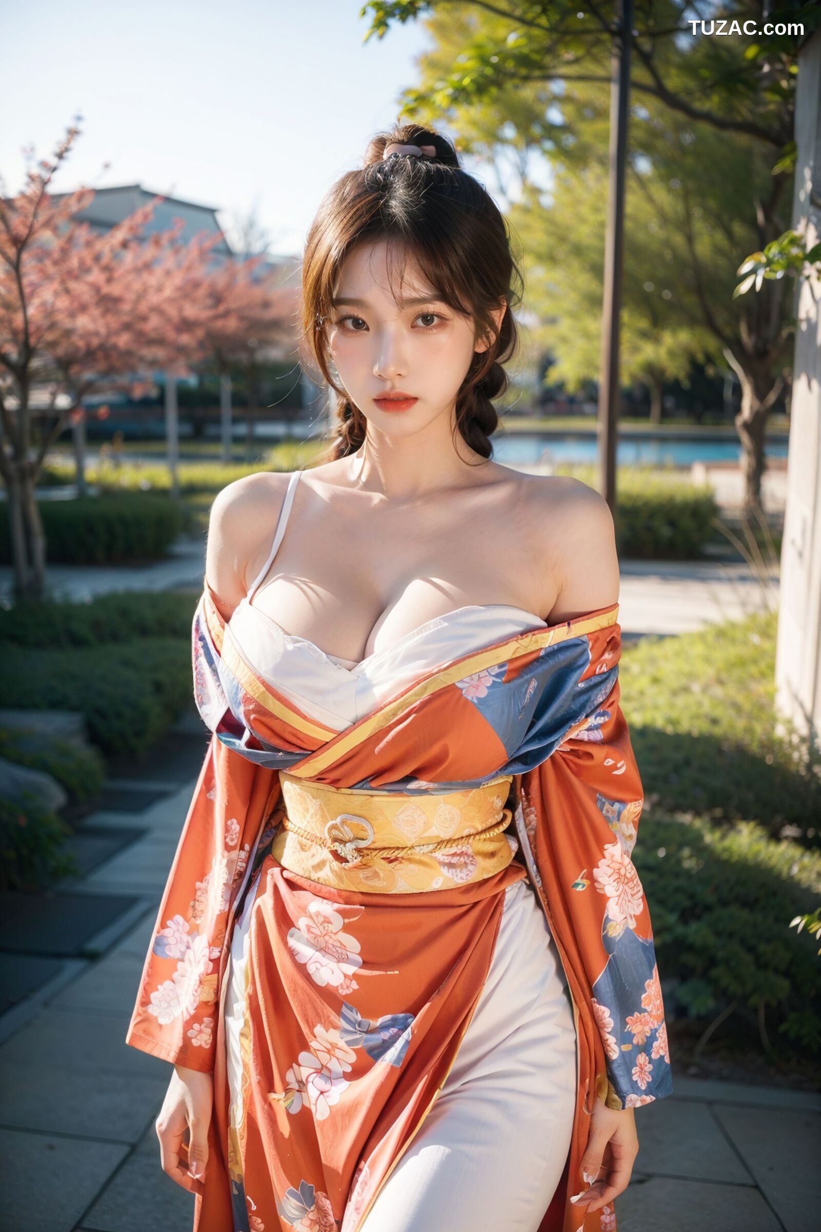 AI美女-拟实-橘黄忍者服街拍