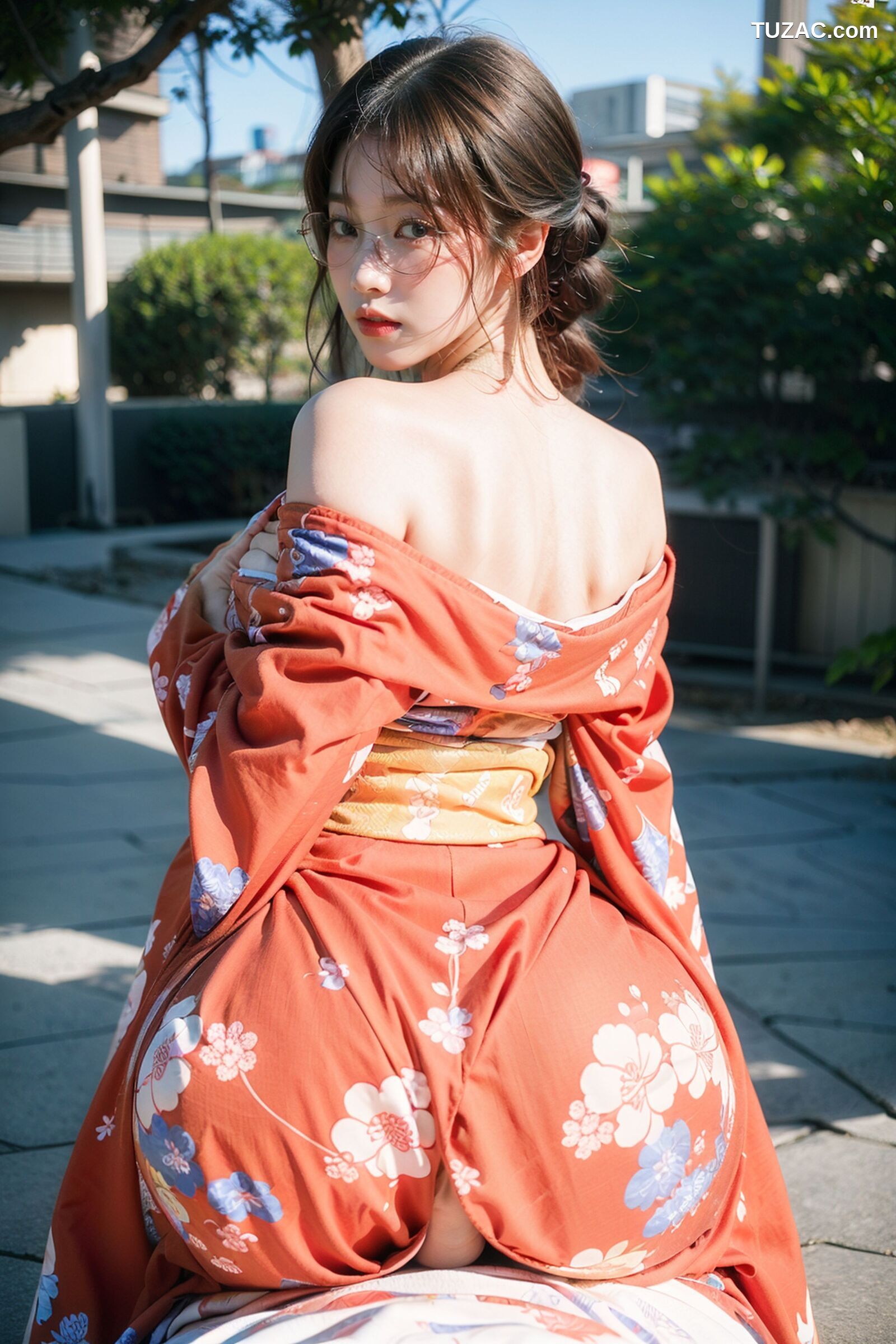 AI美女-拟实-橘黄忍者服街拍