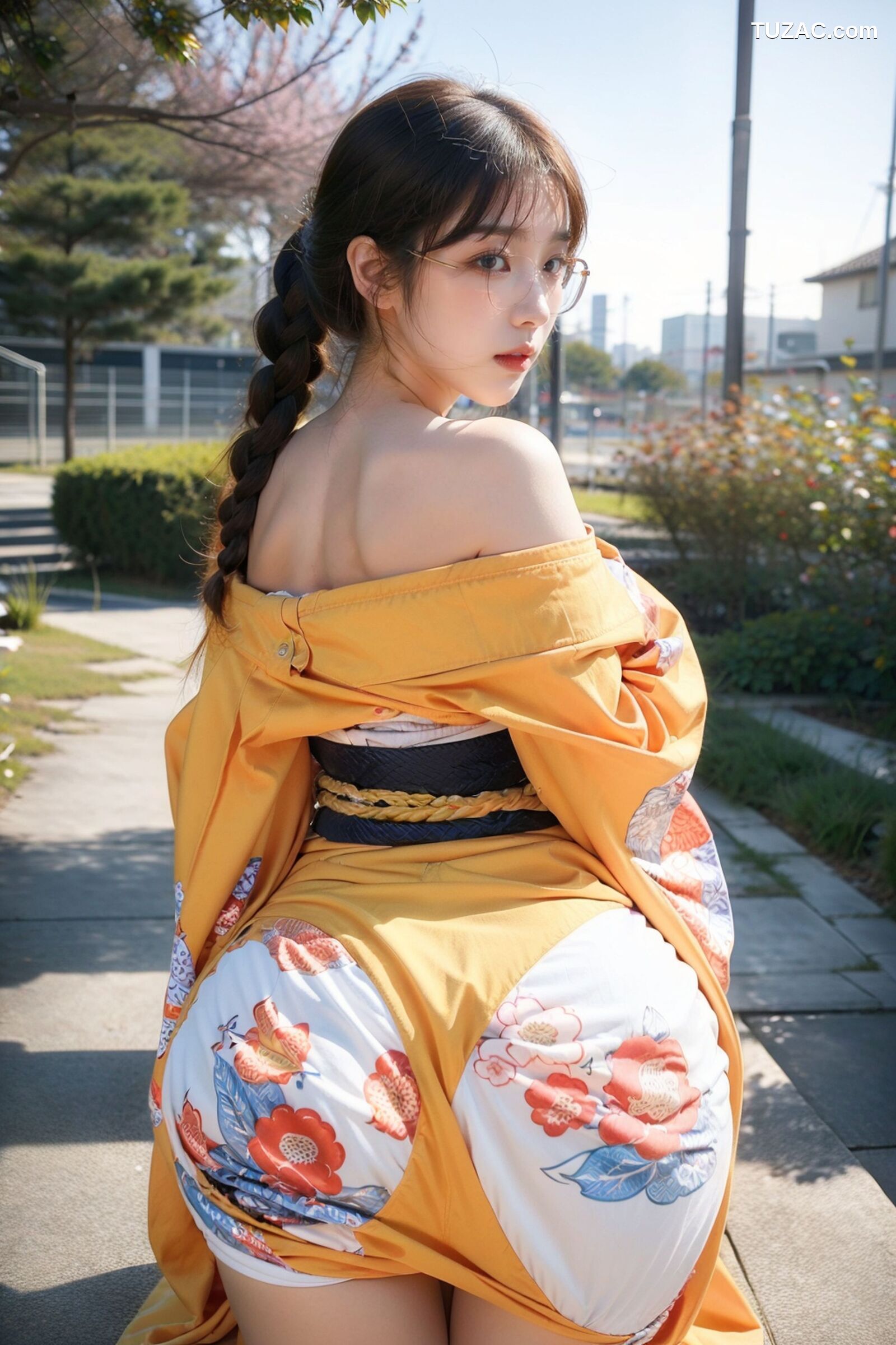 AI美女-拟实-橘黄忍者服街拍