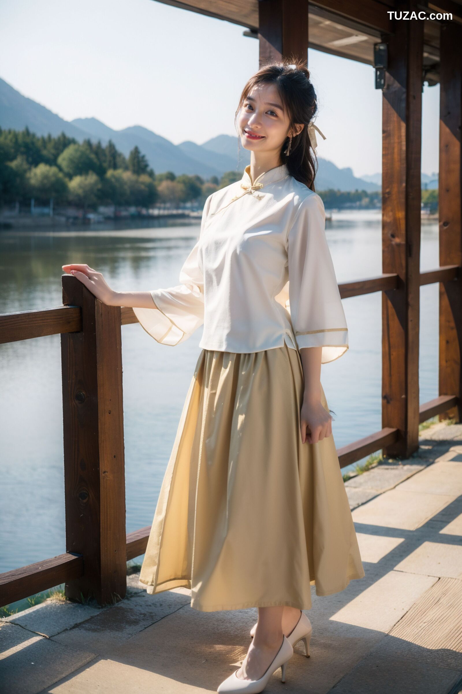 AI美女-拟实-民国风白衫长裙户外河边