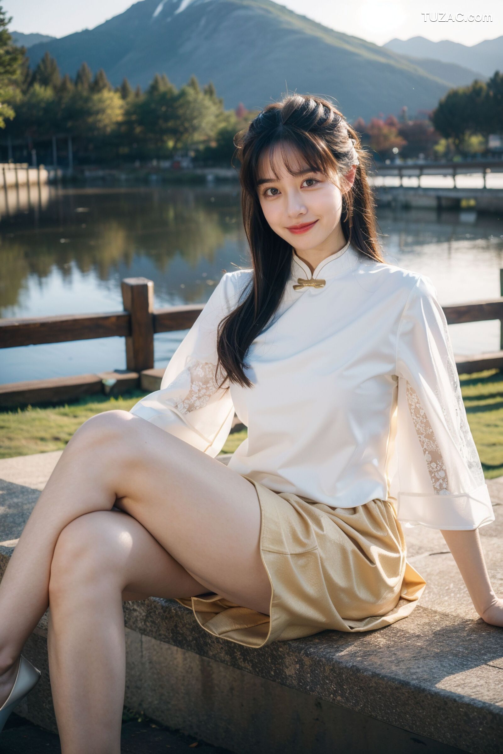 AI美女-拟实-民国风白衫长裙户外河边