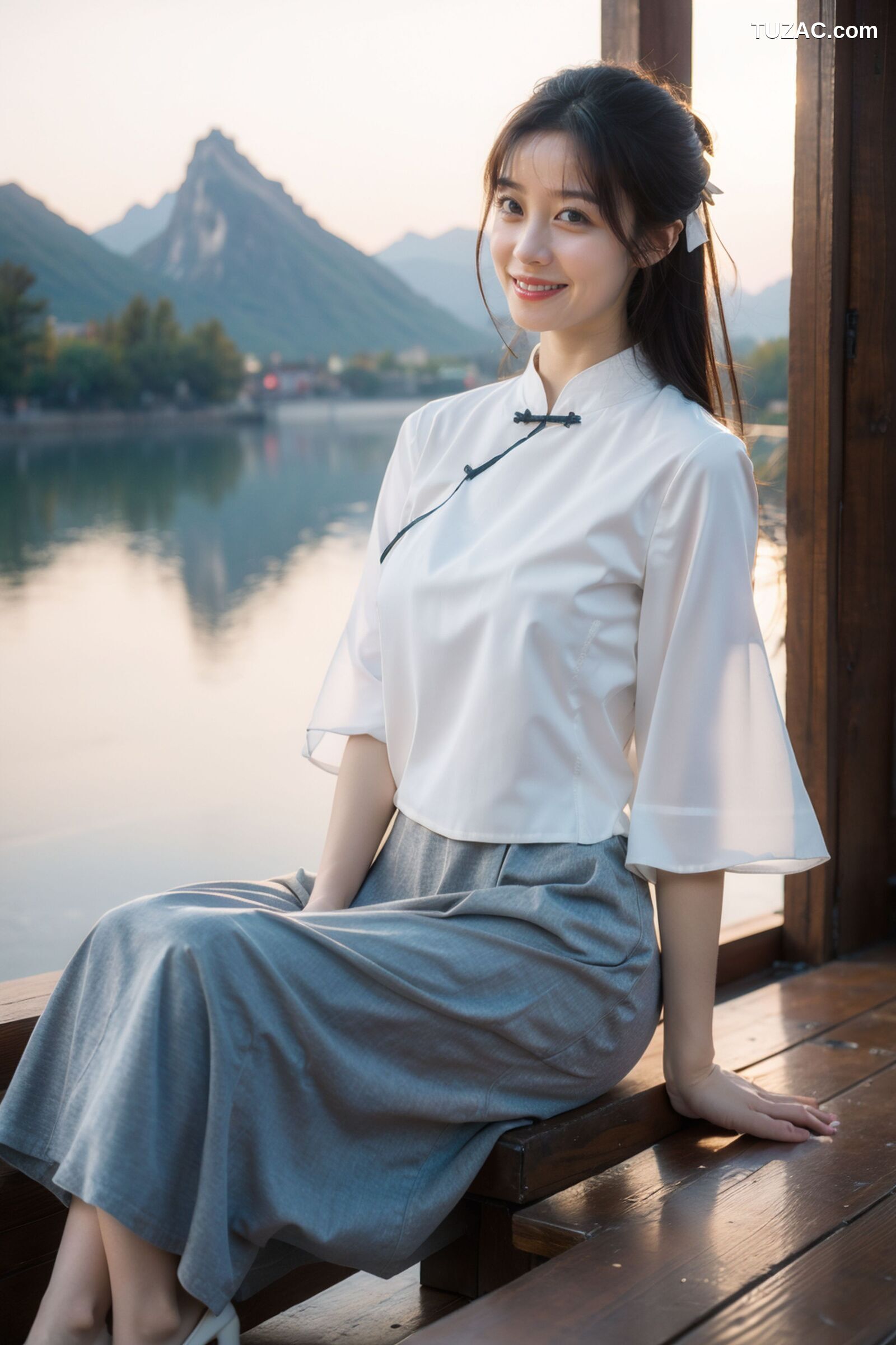 AI美女-拟实-民国风白衫长裙户外河边