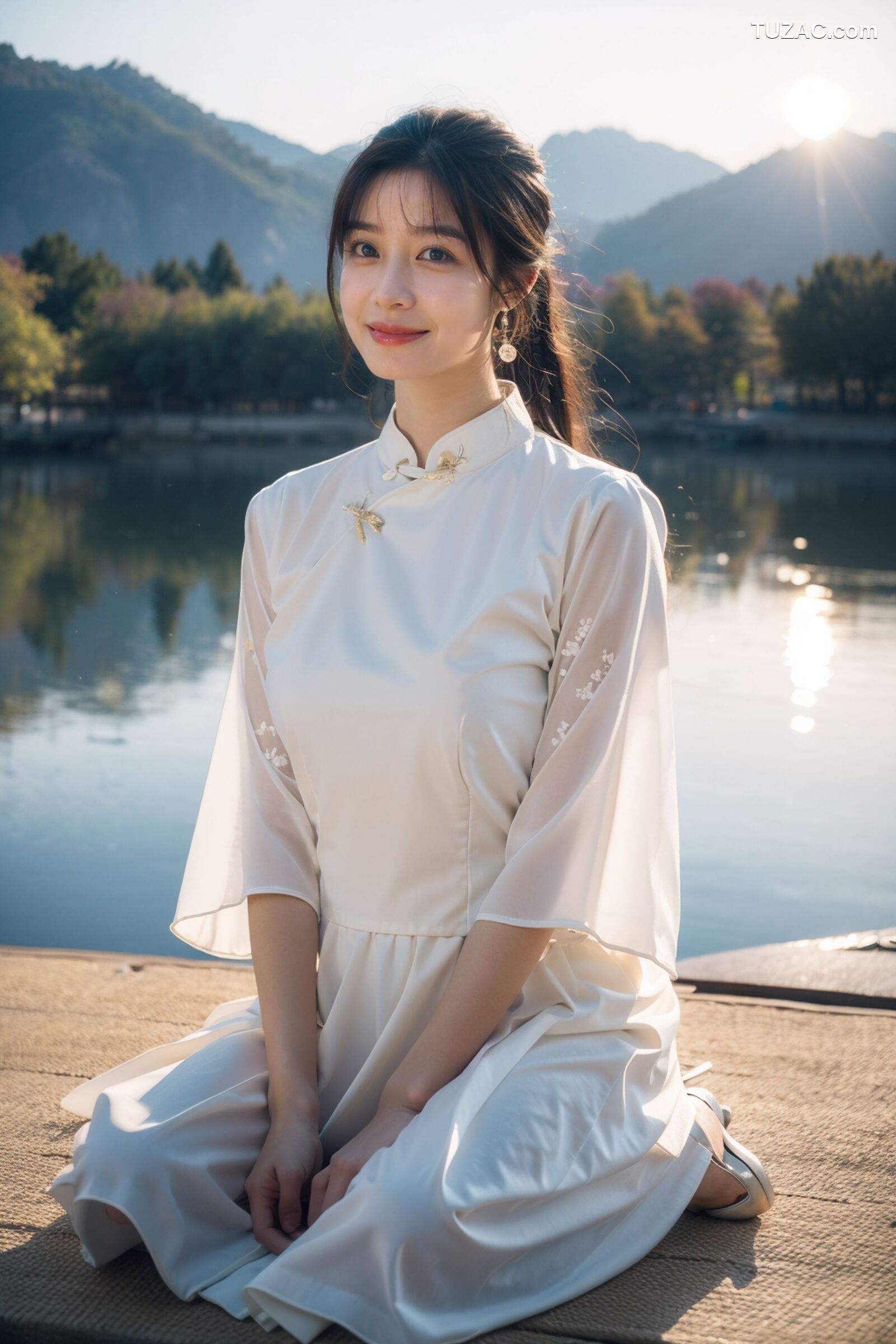 AI美女-拟实-民国风白衫长裙户外河边