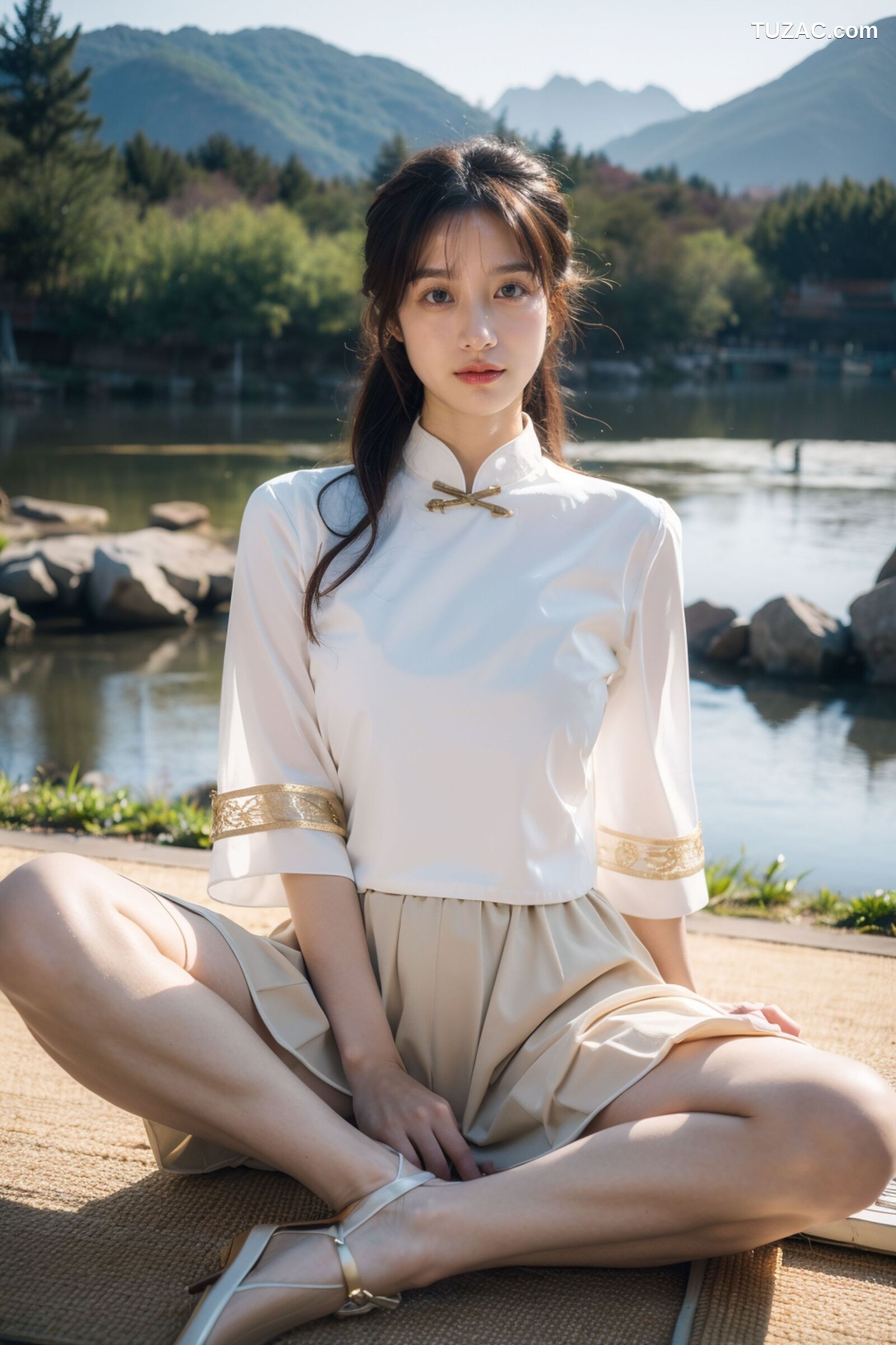 AI美女-拟实-民国风白衫长裙户外河边