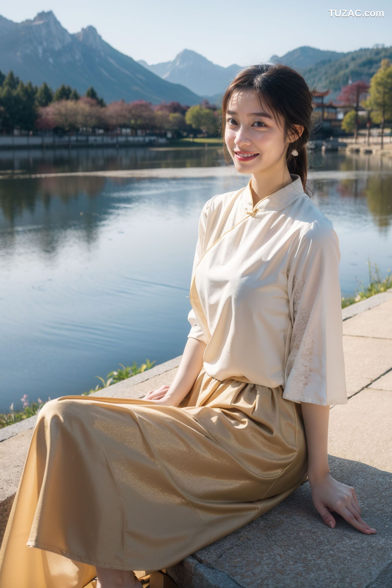 AI美女-拟实-民国风白衫长裙户外河边