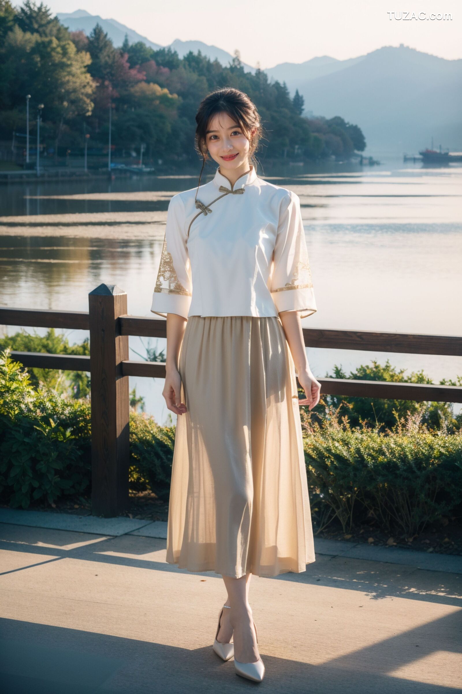 AI美女-拟实-民国风白衫长裙户外河边