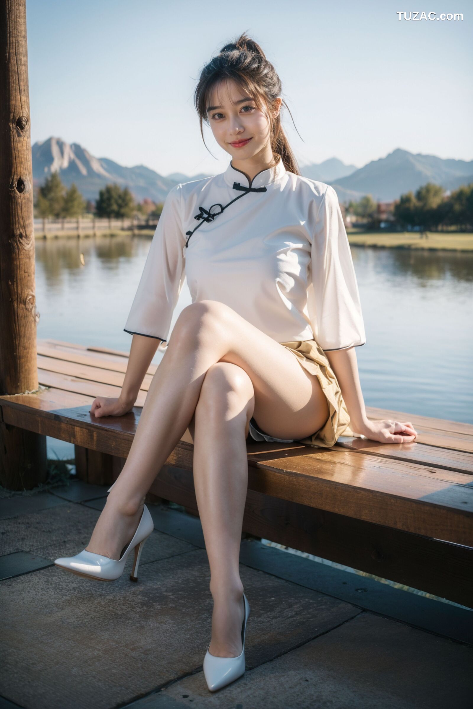 AI美女-拟实-民国风白衫长裙户外河边