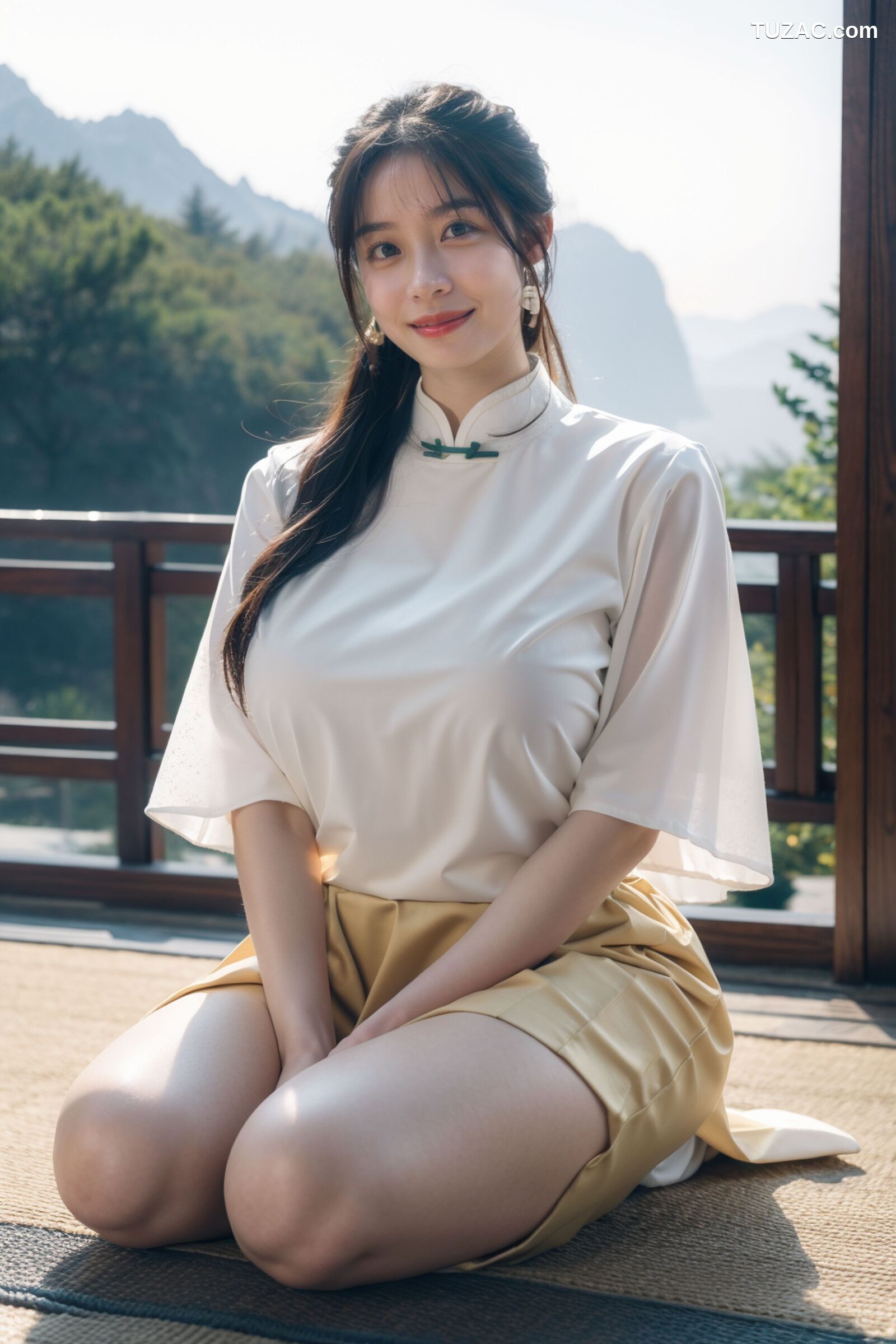 AI美女-拟实-民国风白衫长裙户外河边